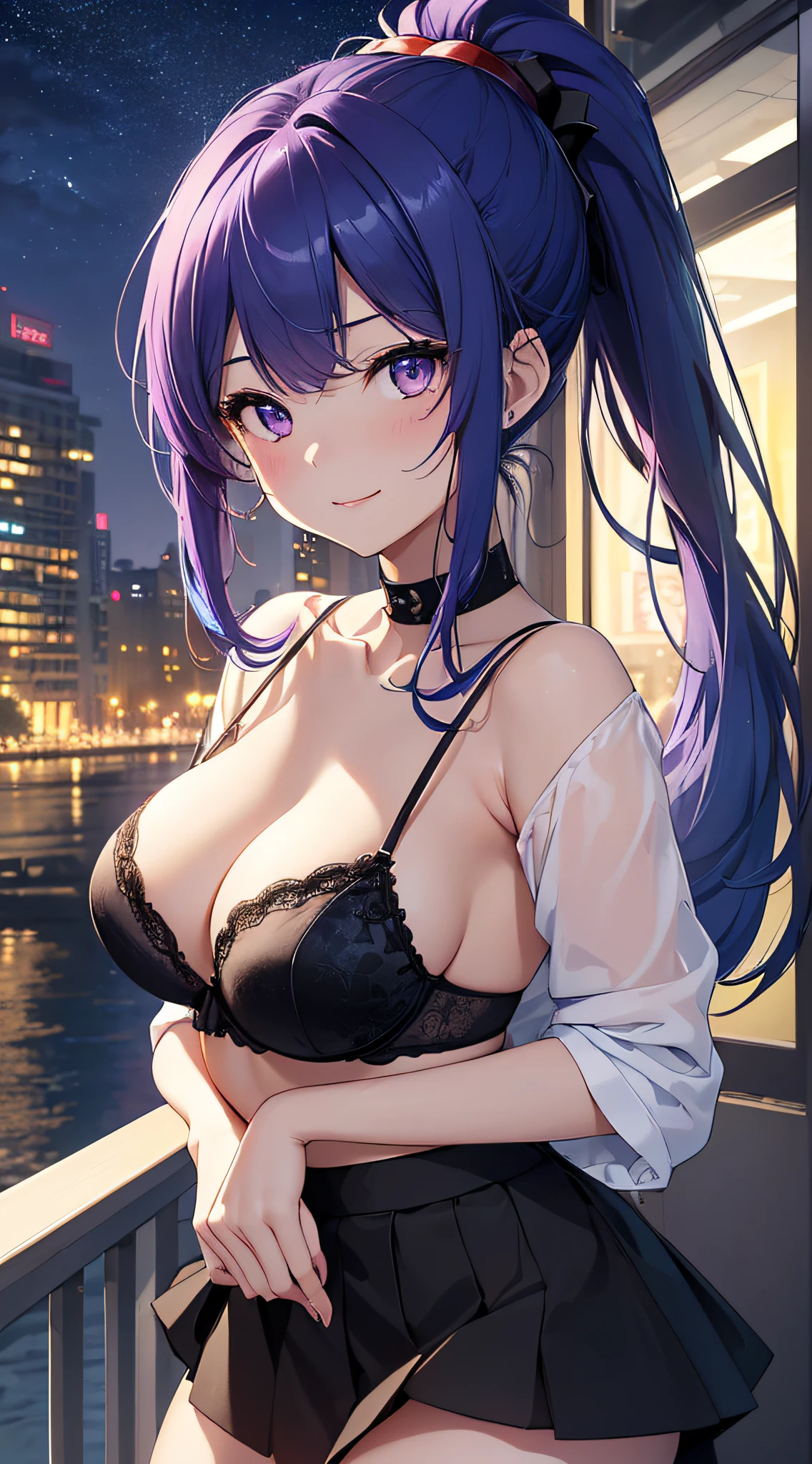 top-quality、Top image quality、​masterpiece、girl with((18year old、Best Bust、big bast,Beautiful purple eyes、Breasts wide open, Blue hair ponytail、A slender、Large valleys、、Reflecting the whole body、Red face、Shining eyes、White Y-shirt、Black bra、a black skirt、Undressing Pose、A slight smil)）hiquality、Beautiful Art、Background with((Office at night)))、,masutepiece、visualart、depth of fields、