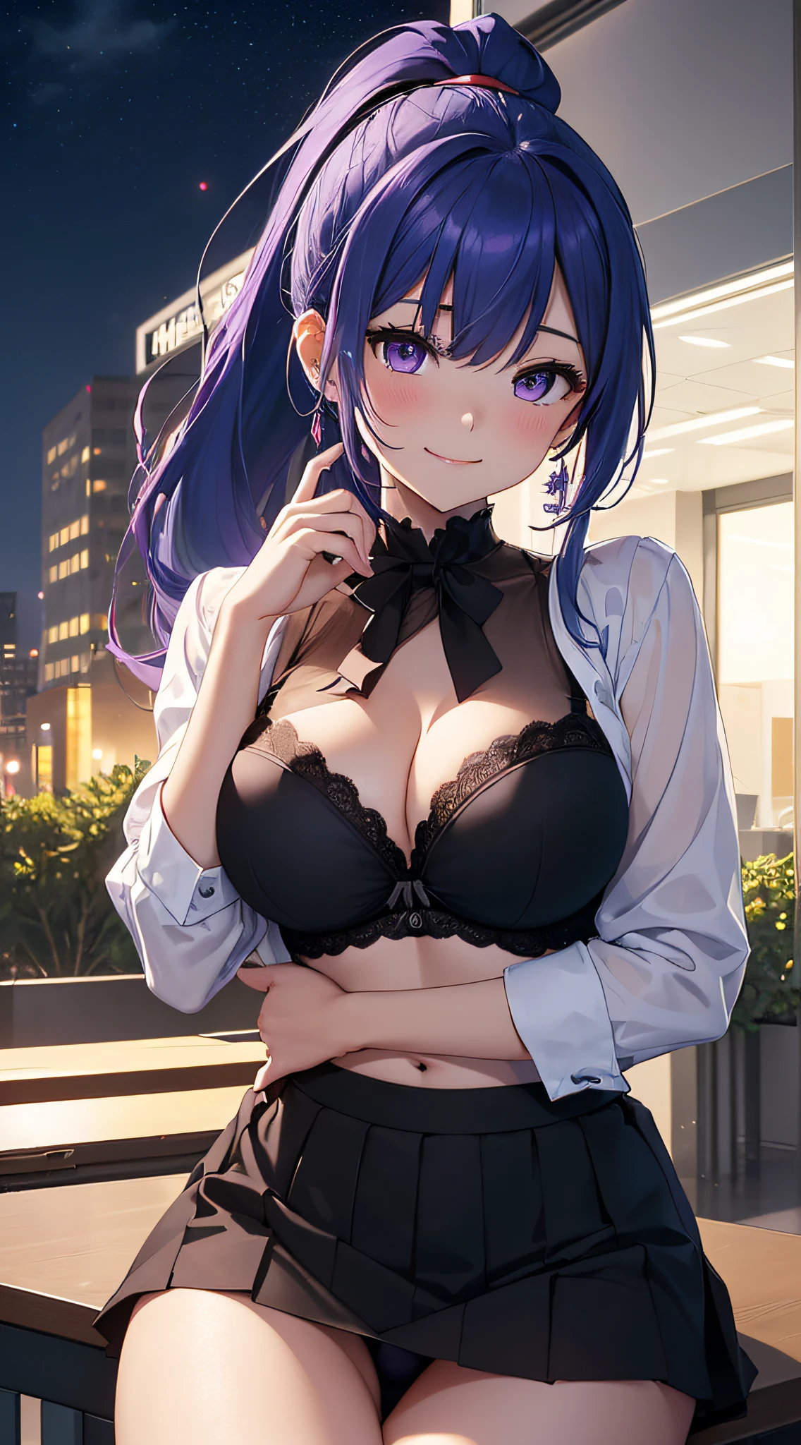 top-quality、Top image quality、masterpiece、girl with((18year old、Best Bust、big bast,Beautiful purple eyes、Breasts wide open, Blue hair ponytail、A slender、Large valleys、、Reflecting the whole body、Red face、Shining eyes、White Y-shirt、Black bra、a black skirt、Undressing Pose、A slight smil))hiquality、Beautiful Art、Background with((Office at night)))、,masutepiece、visualart、depth of fields、