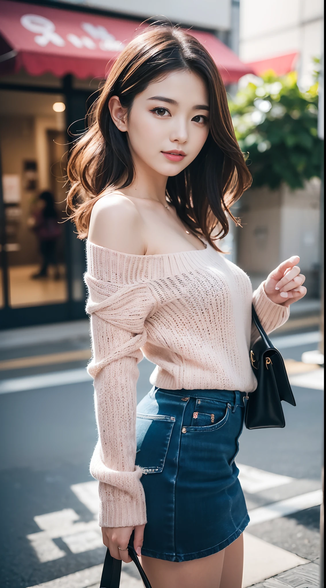 (8K,Raw photo、Raw photo、top-quality、Master masterpiece:1.2)、ultra-detailliert、Super Resolution、(Photorealsitic:1.3)、Angle to shoot from the front、Clearly draw shades of light、high resolution RAW color photos、professional photograpy、Same skin type as humans、Female proofreading of Japan from head to waist、Blur the background、Draws faithfully to anatomy、cafes、Very detailed and beautiful、Ultra-high image quality、long、Hair swaying and sexy、Very detailed beautiful girl、（Pink Eye Shadow）、smil、Plain clothe、Park on a sunny day、Loosely curly hair、Sweaters、high-heels、a miniskirt、Shoulder bag