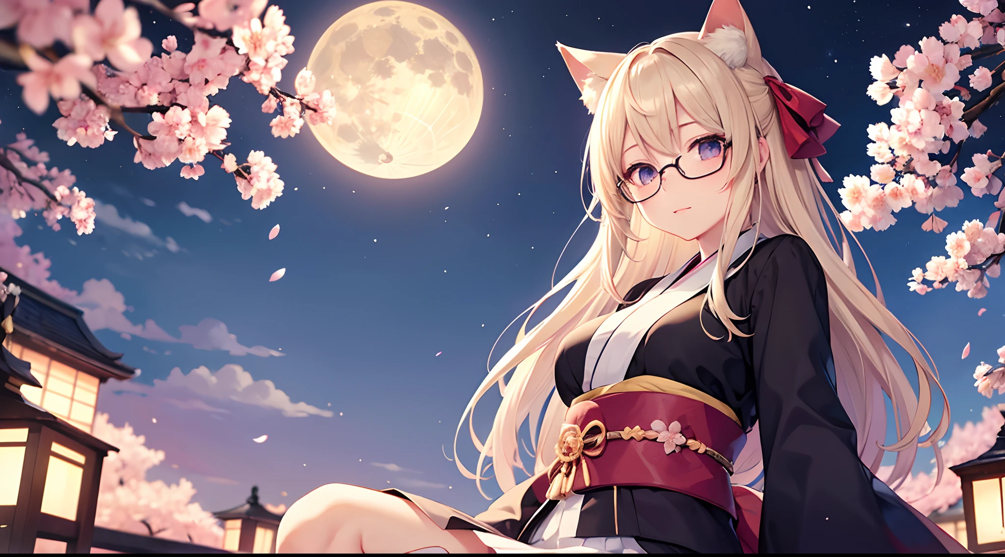 Japanese Beauty (blondes Haar, Pferdeschwanz, hair pulled back:1.4, glasses), Mond, Nacht, voll_Mond, 1girl, einsam, (alleine), Kirsche_Blossoms, lang_Haar, Himmel, nur, Haar_ribbon, boobs, Nacht_Himmel, Lila_Augen, blond_Haar, aussehend_Back, ribbon, Back, Brille, Von_hinter, Baum, aussehend_bei_Betrachter, sexy, soft smile, al fresco, Wolke, gut, gescheitelt_Lippen, Kimono, sexy, gestirnt_Himme, Stern_(Himmel), sitzend, sehr_lang_Haar, Blume, cherry_blossom, Katzenohren, cherry blossoms, kimono, cat ears, perfect face, perfect eyes, perfect hands