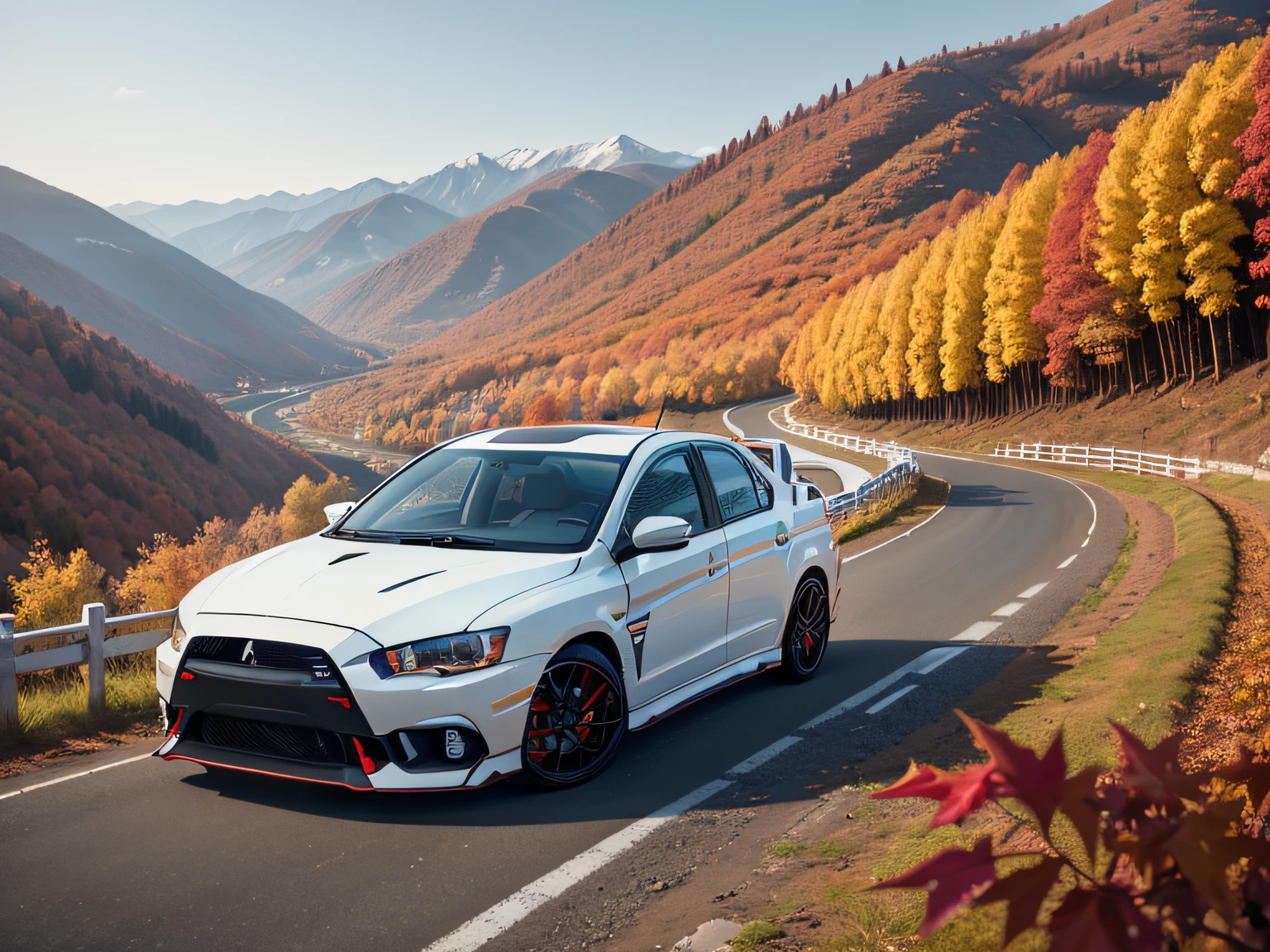 超A high resolution、An ultra-high picture quality、8K、Detailed details、marvelous expression、Late autumn valley、Beautiful autumn leaves、A white car driving gracefully on a mountain pass built along the mountain、((MITSUBISHI Lancer Evolution 5))
