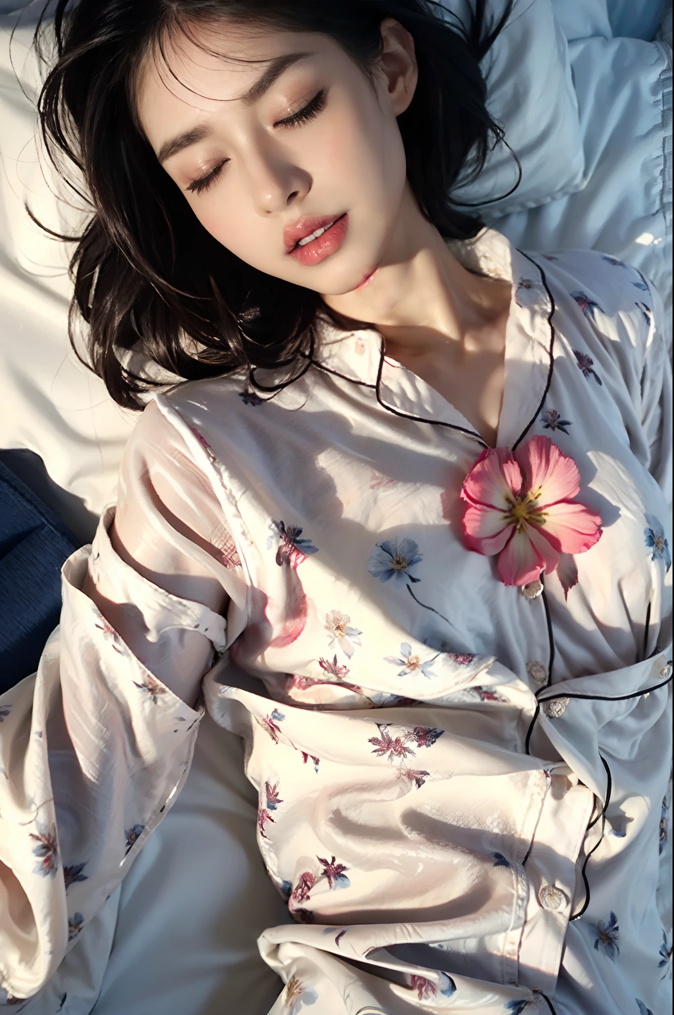 (shoulder-length straight black bob hair:1),（Extremely meticulous CG),(((8k))),wallpaper，（Extremely refined and beautiful），（Masterpiece:2.0），（best qualtiy:2.0），（Ultra High Resolution:2.0），beautiful light up，Perfect lightning,realistic shaded，[A high resolution],(Smooth and flawless fair skin:1.5),Extremely exquisite facial details,ultra - detailed,A  girl，small head,small face,Exquisite makeup,red lips,dawn,dim light,Close Shot,at home,in bedroom,blue green wall,Yellow curtains,(lying flat on back on bed:1.5),(close eyes:1.5),(open mouth:1.3),pain,Sleeping, fainting,(Top down overhead camera perspective:1.2),(perfect body:1.1),small breasts,flat chest,slim,thin,(White floral pajamas shirt:1.5),(femal orgasmic:1.5),(blush:1.3),(close-up of upper body:1.2)