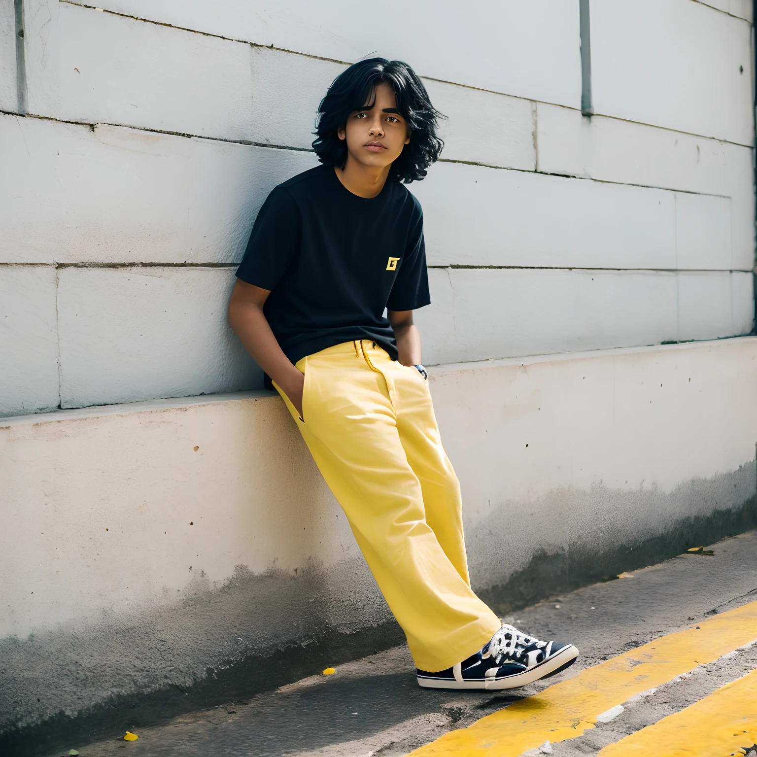 um adolescente de 18 anos, Homem, Messy black hair color with a white stripe, vestindo um moletom preto, olhos azuis, yellow trousers, dark blue sneakers