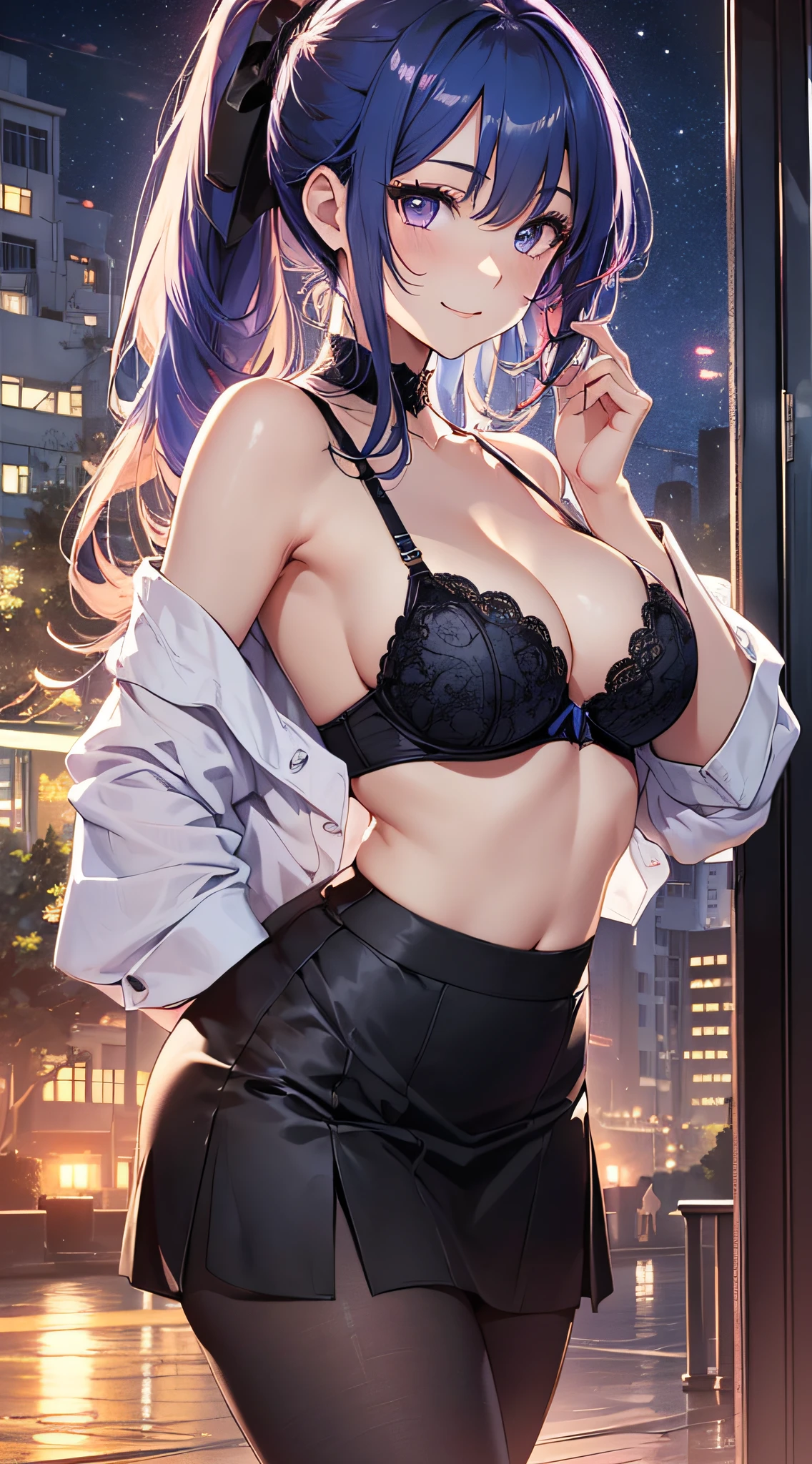 top-quality、Top image quality、​masterpiece、girl with((18year old、Best Bust、big bast,Beautiful purple eyes、Breasts wide open, Blue hair ponytail、A slender、Large valleys、、Reflecting the whole body、Red face、Shining eyes、White Y-shirt、Black bra、a black skirt、Undressing Pose、A slight smil、Leaning forward)）hiquality、Beautiful Art、Background with((Office at night)))、,masutepiece、visualart、depth of fields、