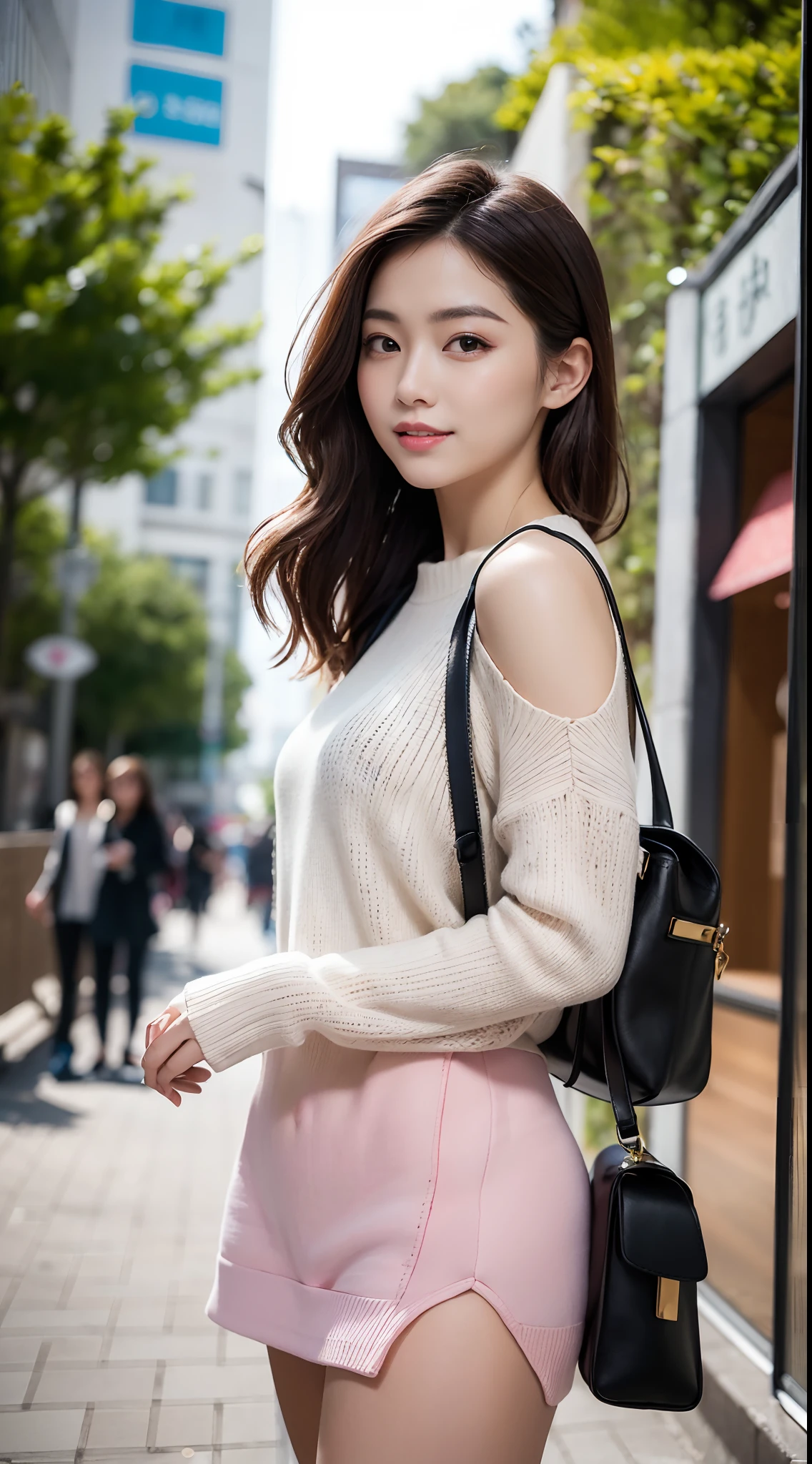 (8K,Raw photo、Raw photo、top-quality、Master masterpiece:1.2)、ultra-detailliert、Super Resolution、(Photorealsitic:1.3)、Angle to shoot from the front、Clearly draw shades of light、high resolution RAW color photos、professional photograpy、Same skin type as humans、Female proofreading of Japan from head to waist、Blur the background、Draws faithfully to anatomy、cafes、Very detailed and beautiful、Ultra-high image quality、long、Hair swaying and sexy、Very detailed beautiful girl、(Pink Eye Shadow)、smil、Plain clothe、Park on a sunny day、Loosely curly hair、Sweaters、high-heels、a miniskirt、Shoulder bag