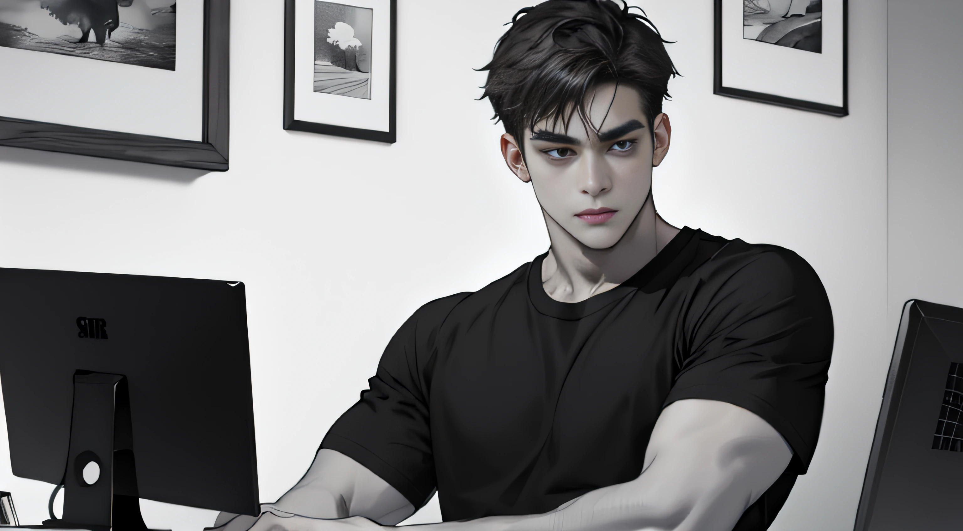 A boy replied with a boring，wearing black and white t-shirt