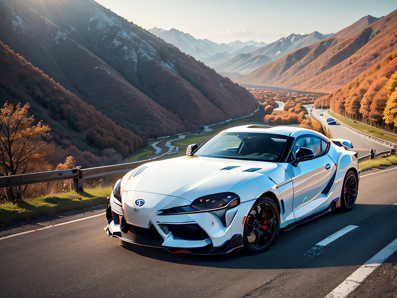 超A high resolution、An ultra-high picture quality、8K、Detailed details、marvelous expression、Late autumn valley、Beautiful autumn leaves、A white car driving gracefully on a mountain pass built along the mountain、((TOYOTA Supra GT))