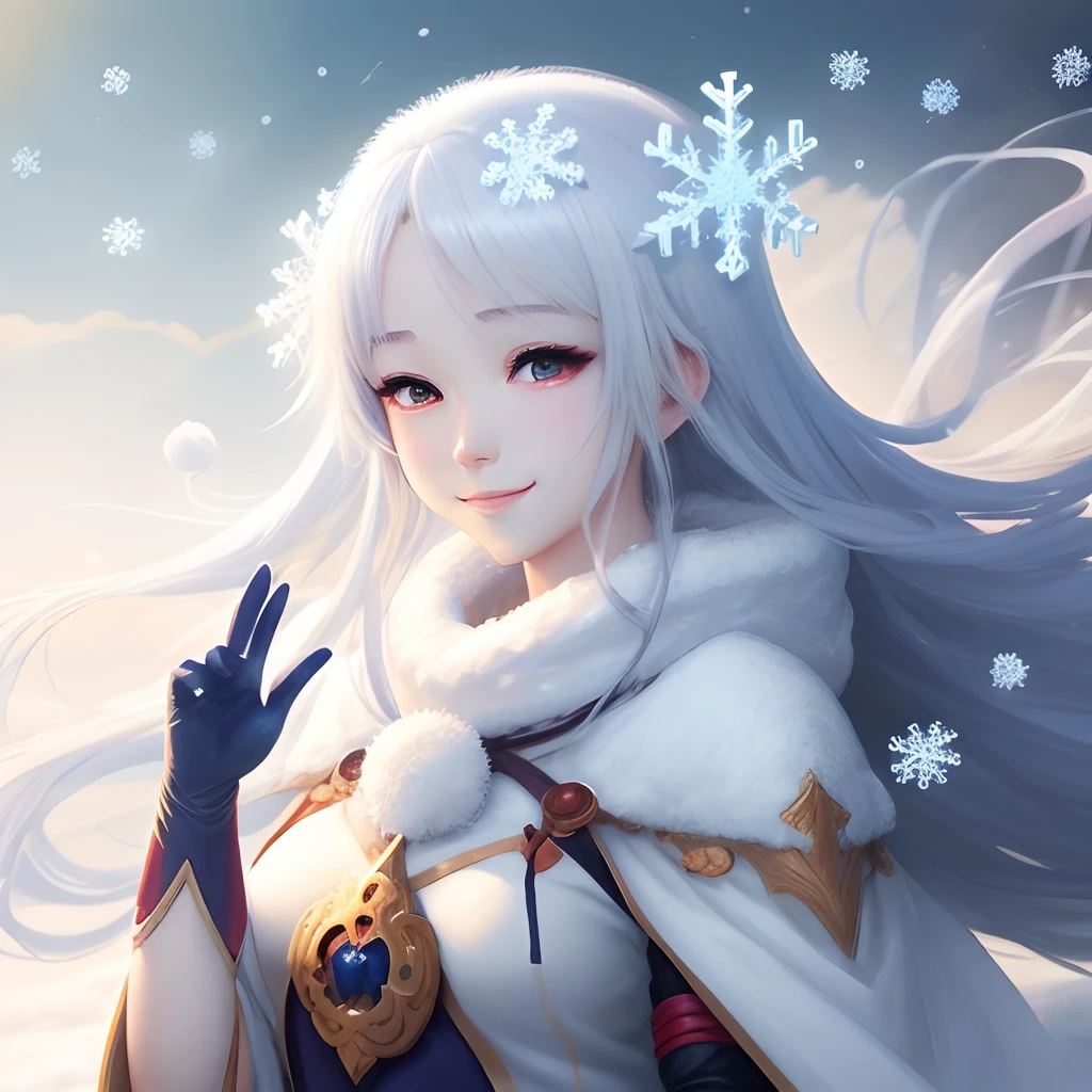 Anime girl wearing snowflakes and snowflakes and white dre, beautiful anime artwork, beautiful anime art, Beautiful anime girl, beautiful anime woman, Beautiful Anime Portrait, beautiful fantasy anime, guweiz on pixiv artstation,Anime girl with completely pure white long hair fluttering in the wind, Very white skin、anime fantasy illustration, Beautiful anime, high definition anime art, anime fantasy artwork, goddess of winter、 perfectly proportions Smiling The bust is the ideal size、The fingers are pure white and beautiful