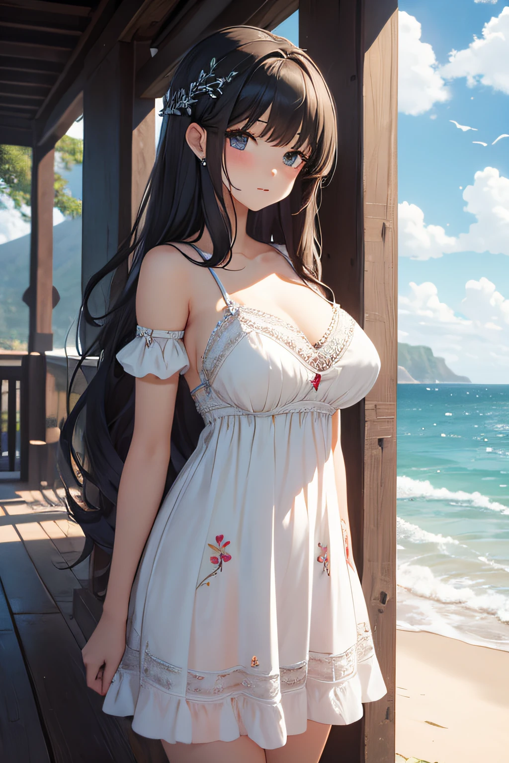 masterpiece、landscapes((Mysterious Sea、sand beach))、、huge tit、a beauty girl、Longhaire、Embroidered mini dress、hair adornments