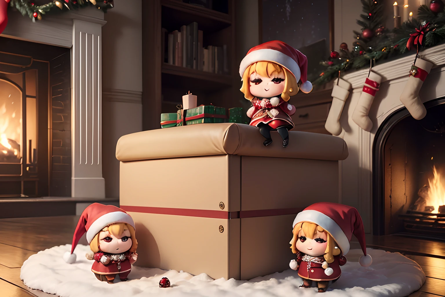masterpiece、top-quality、ultra-detailliert、(Chibi Chara Christmas Cosplay:1.2)、a smile、(Front View Full Christmas Tree:1.2), Armchairs and fireplace, Real Photographics, hyper realistic rendering, lifelike rendering, 8K, --v6