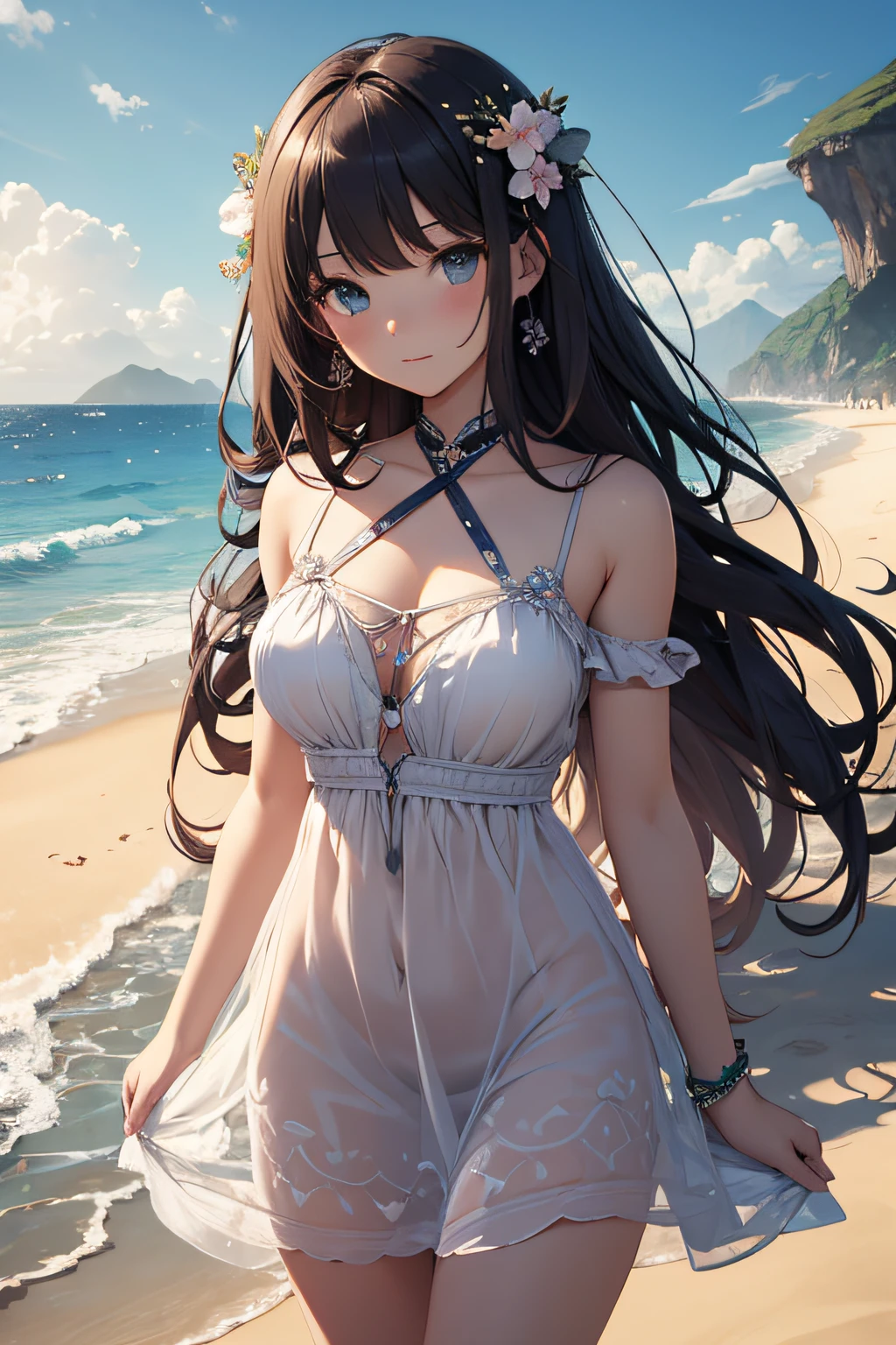 ​masterpiece、landscapes（（Mysterious Sea、sand beach））、sixteen years old、huge tit、a beauty girl、Longhaire、Embroidered mini dress、hair adornments