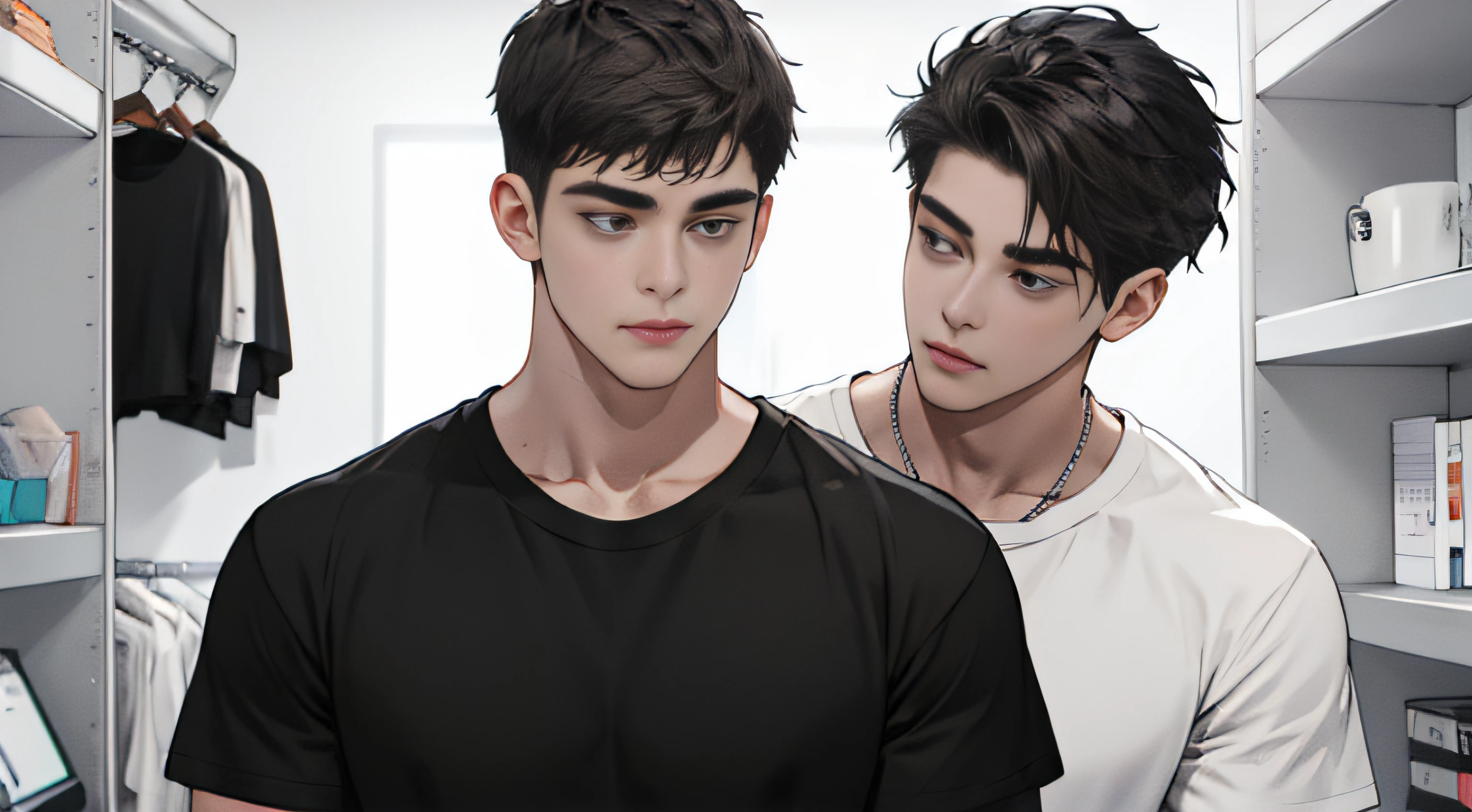 A boy replied with a boring,wearing black and white t-shirt