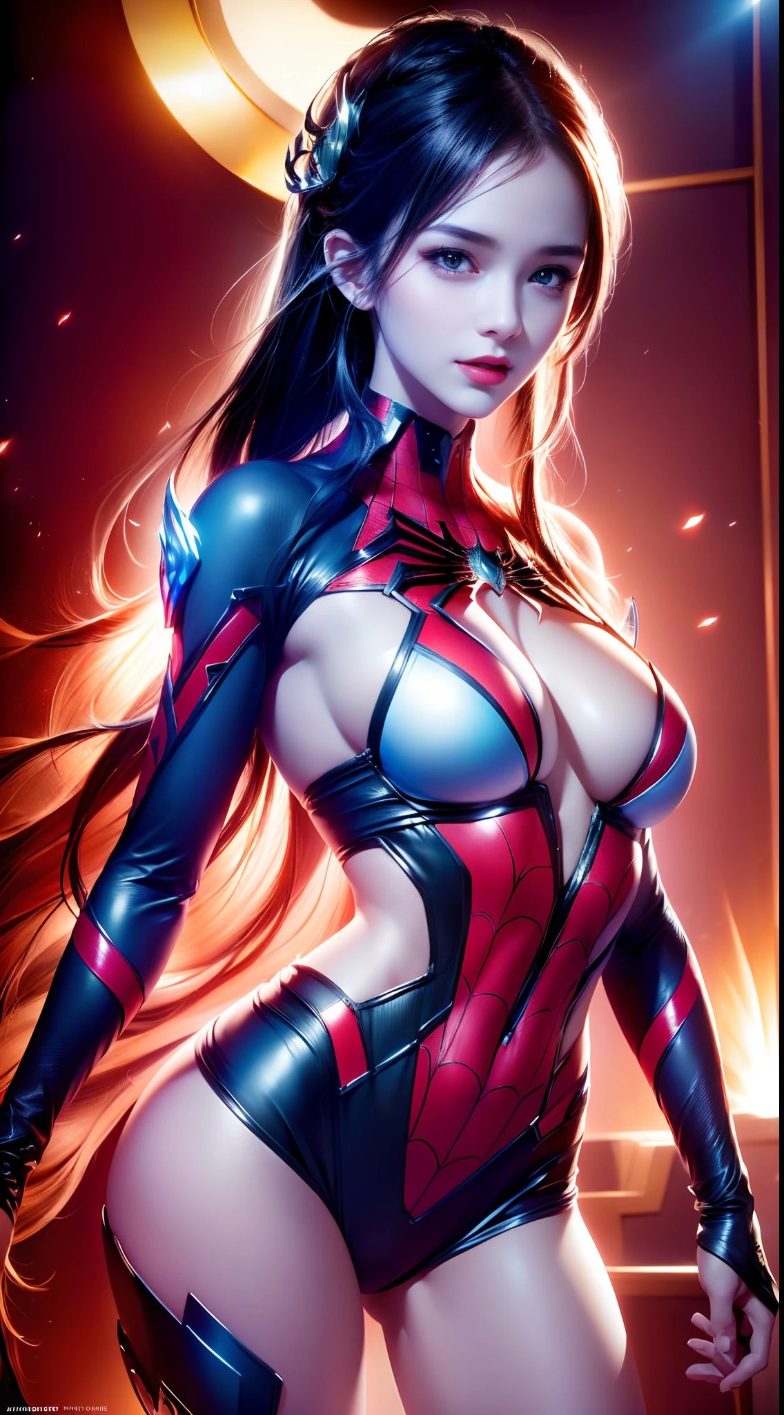 big breast woman camouflage naked muscles (spiderman bikini costume), (masterpiece), ((best quality, highly detailed face and skin, realistic photo)), ((expressive eyes, perfect face, detailed eyes, detailed lips, detailed face, smile)),