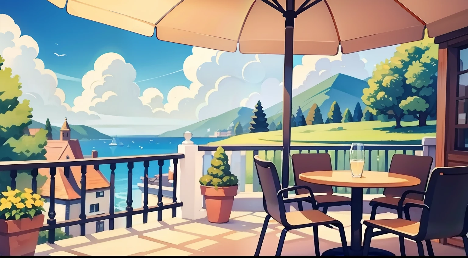 Beautiful landscape painting、Cafe terrace seating、blue-sky、ultra-quality、masutepiece、Natural Color、Brown dog sitting in a chair