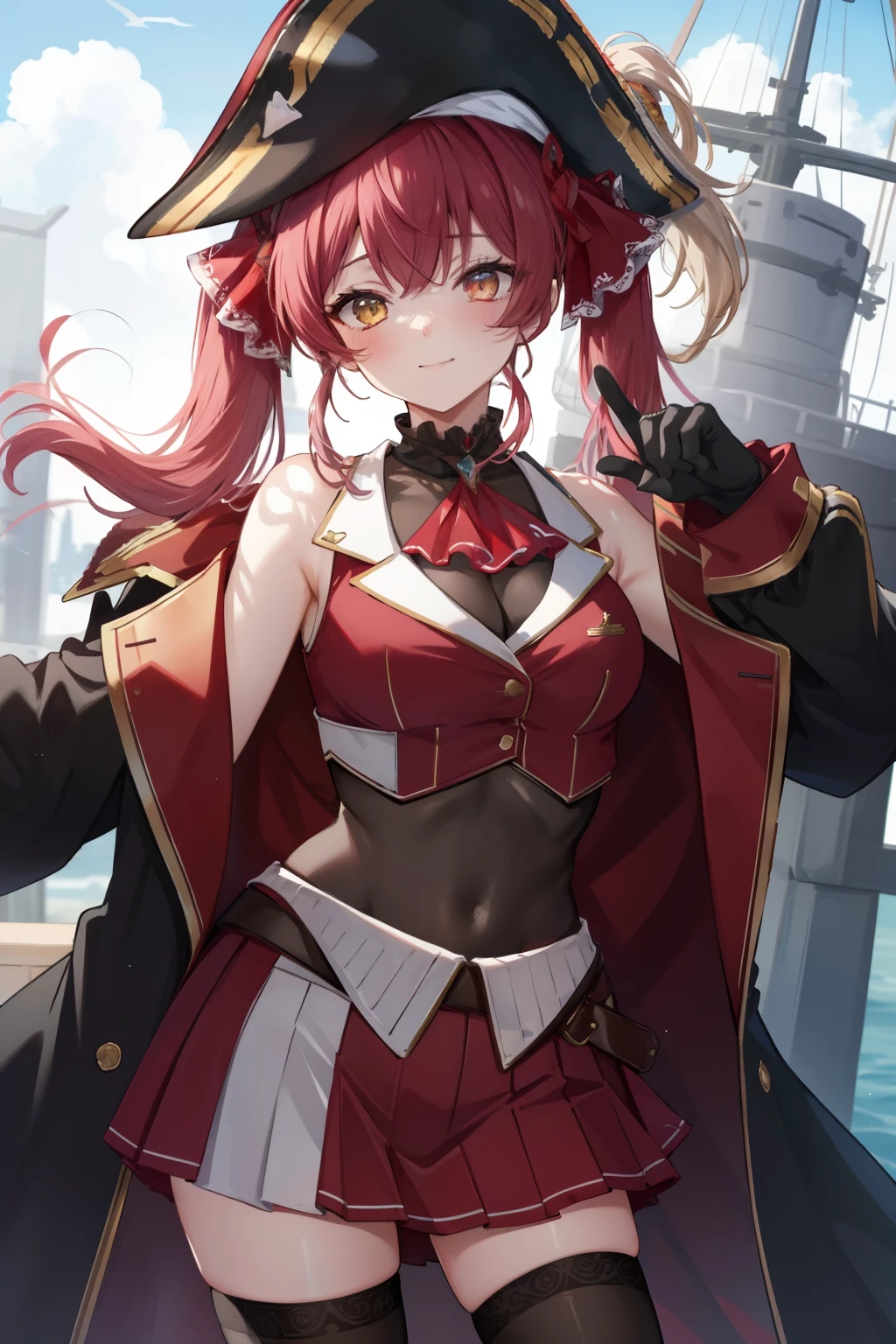 masterpiece, best quality, absurdres, perfect antomy, houshouBase, 1girl, solo, heterochromia, red eyes, yellow eyes, twintails, long hair, hair ribbon, large breasts, white gloves, frilled choker, red ascot, leotard, leotard under clothes, red jacket, cropped jacket, sleeveless jacket, black coat, off shoulder, bicorne, red skirt, miniskirt, leather belt, black thighhighs, standing, smile, On a ship, pointing into the distance