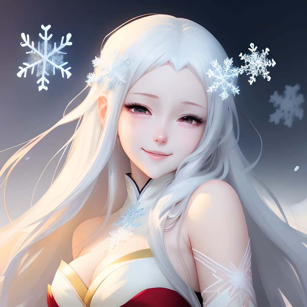 Anime girl wearing snowflakes and snowflakes and white dre, beautiful anime artwork, beautiful anime art, Beautiful anime girl, beautiful anime woman, Beautiful Anime Portrait, beautiful fantasy anime, guweiz on pixiv artstation, Anime girl with long hair completely pure white, Very white skin、anime fantasy illustration, Beautiful anime, high definition anime art, full bodyesbian　Smiling