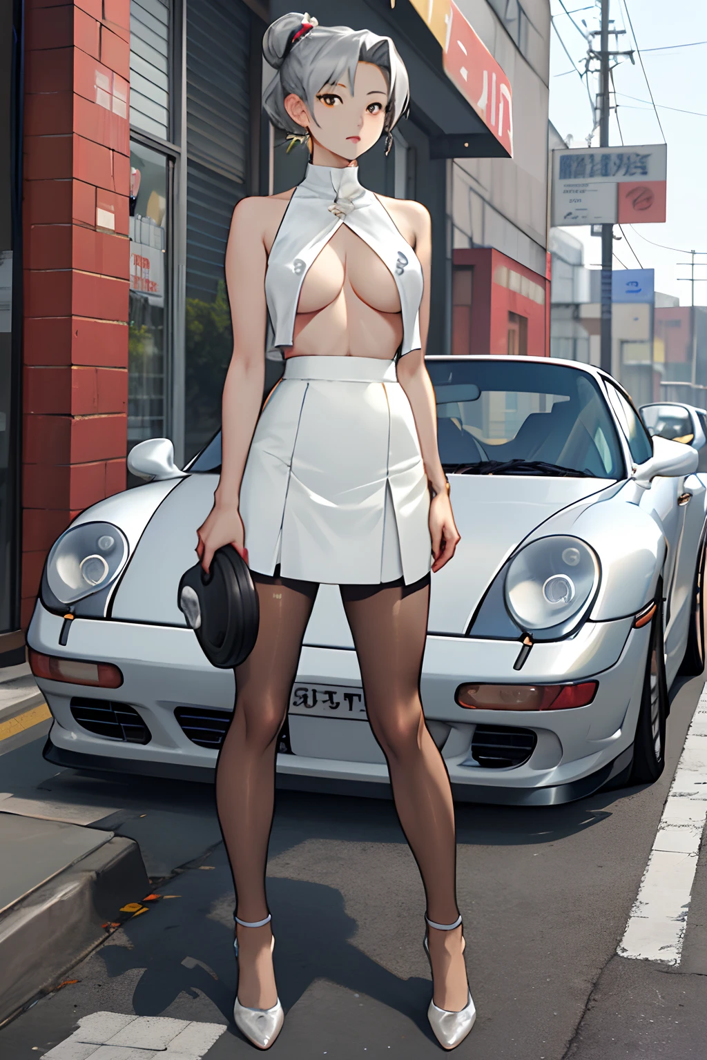 Asian female, wearing short skirt, pantyhose, topless, not wearing shoes, big tits, standing beside a Porsche 996 GT3、The body is silver、The wheels have yellow calipers、The number is 993