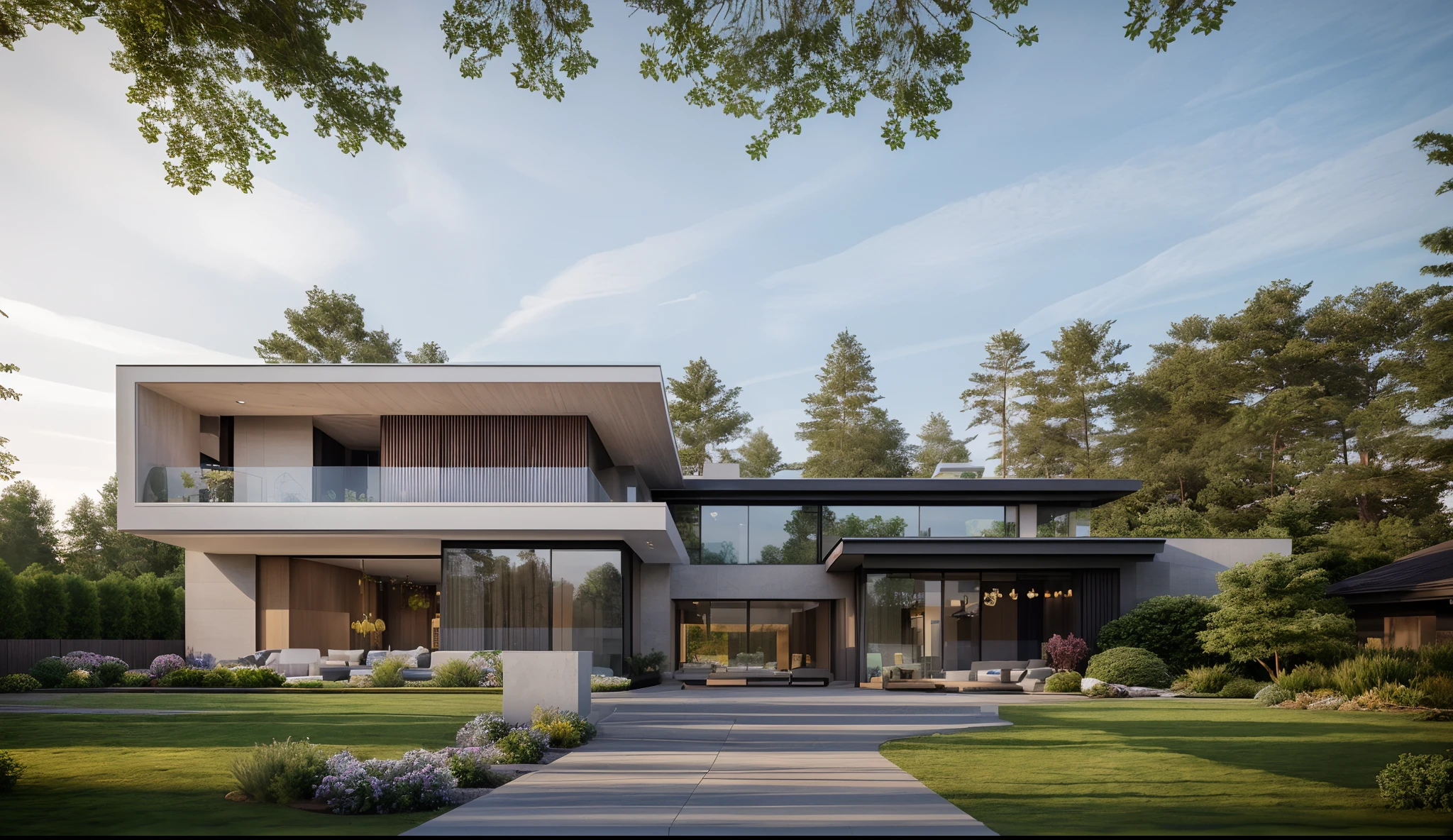 (masterpiece),(high quality), best quality, real,(realistic), super detailed,(full detail),(4k),8k,modern house exterior design,Modern architecture,Beautiful_sky,Day_light, no_humans, outdoors,sky,Tropical_trees,Garden_flower_front_of_building,