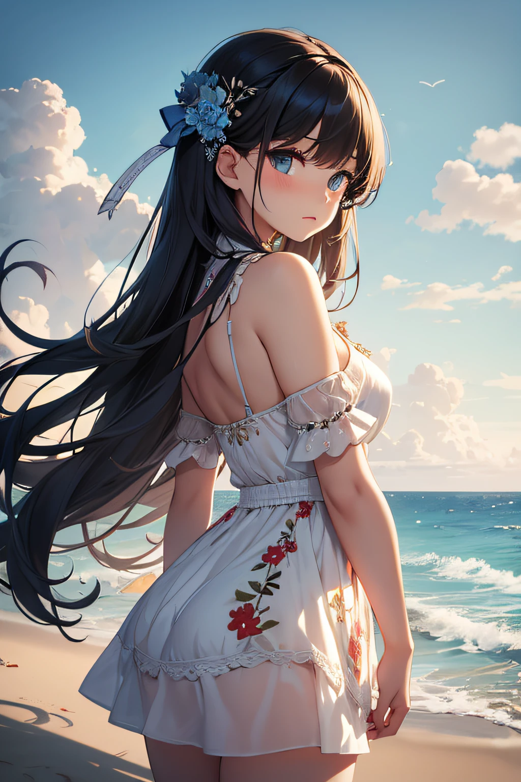 masterpiece、landscapes((Mysterious Sea、sand beach))、sixteen years old、huge tit、a beauty girl、Longhaire、Embroidered mini dress、hair adornments、heavy wind、Skirt suppressed
