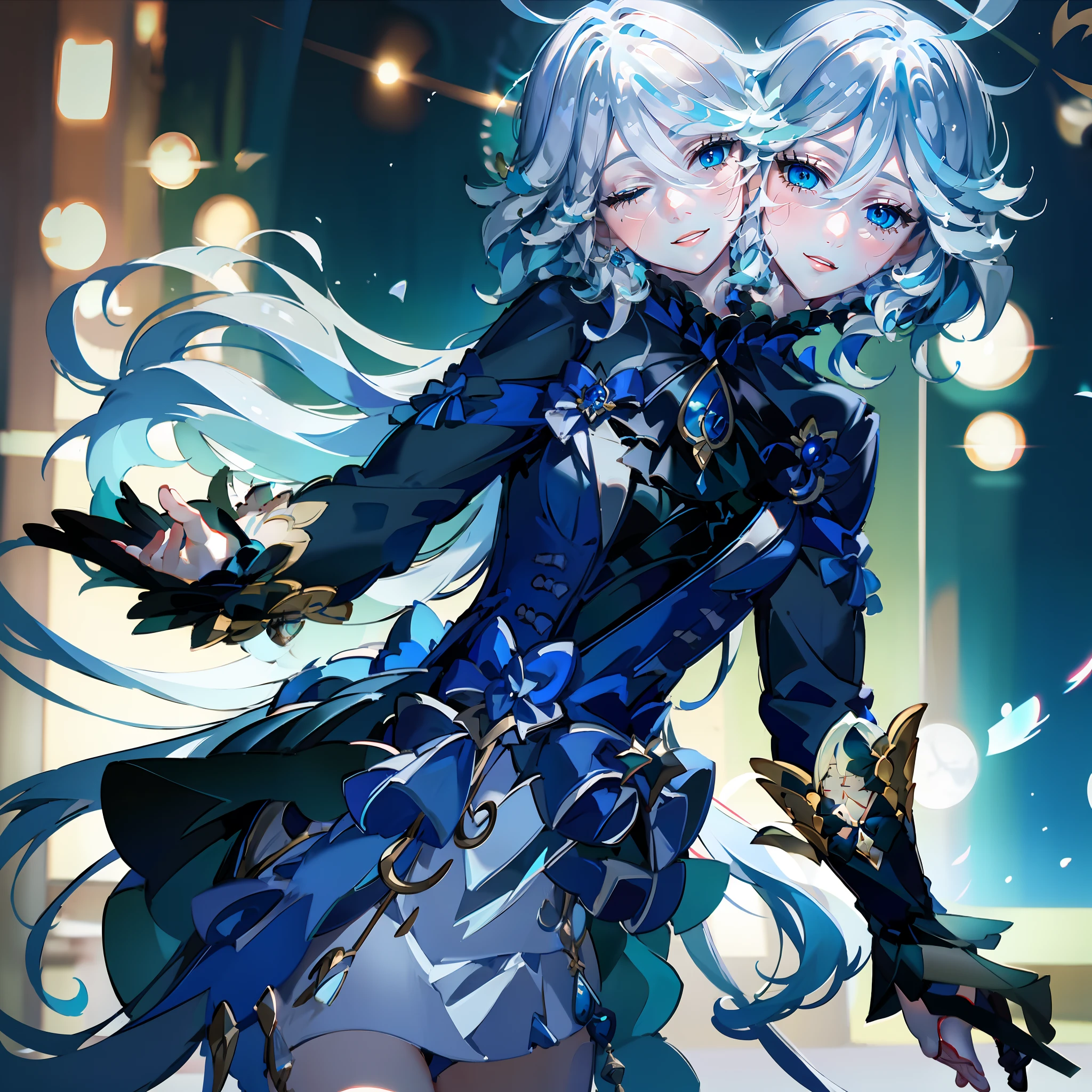 (masterpiece, best quality), best resolution, (2heads:1.5), 1girl, furina character, white hair, teal eyes, three eyes open and one eye closed, open mouth, happy, party clothes, festive street parade at night, close-up