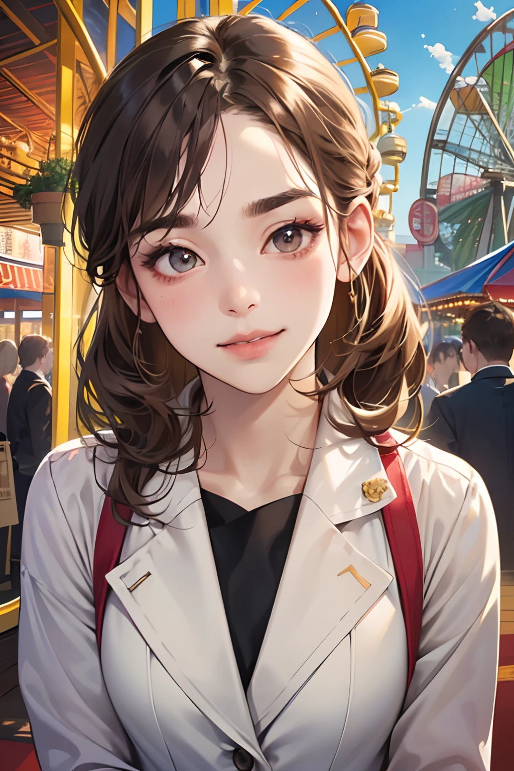 (masutepiece, Digital Art, Digital Illustration, 4K, 8K, Ultra-detailed, beautiful image, Sharp Image, Photorealistic, Raw photo, Perfect face, Perfect lines, Perfect eyes, Soft lighting) 1 woman, (lightbrown hair,Chignon hair in a high position,Innocent look,Lowered eyebrows,drooping eyebrows,drooing eyes,cute large eyes,natural make up,kindly smile,Round jaws,23 y-o woman:1.3),Two handsome men in suits, (ember,Men in suits,well-muscled,Firm shoulder width,Adult male,Boyish hairstyle,English gentlemanly style,Man in his 30s with a cool expression,28-year-old man with bright smile:1.2),(Nervous,be shy,sleepy,embarrassed from:1.2),innocent smiles,(embarrassed from,Shy smile:1.1),Minato Mirai Dating、With the Ferris wheel in the background,merry-go-round、shopping、Frolicking