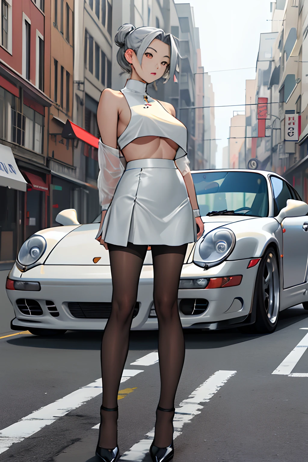 Asian female, wearing short skirt, pantyhose, topless, not wearing shoes, big tits, standing beside a Porsche 996 GT3、The body is silver、The wheels have yellow calipers、The number is 993