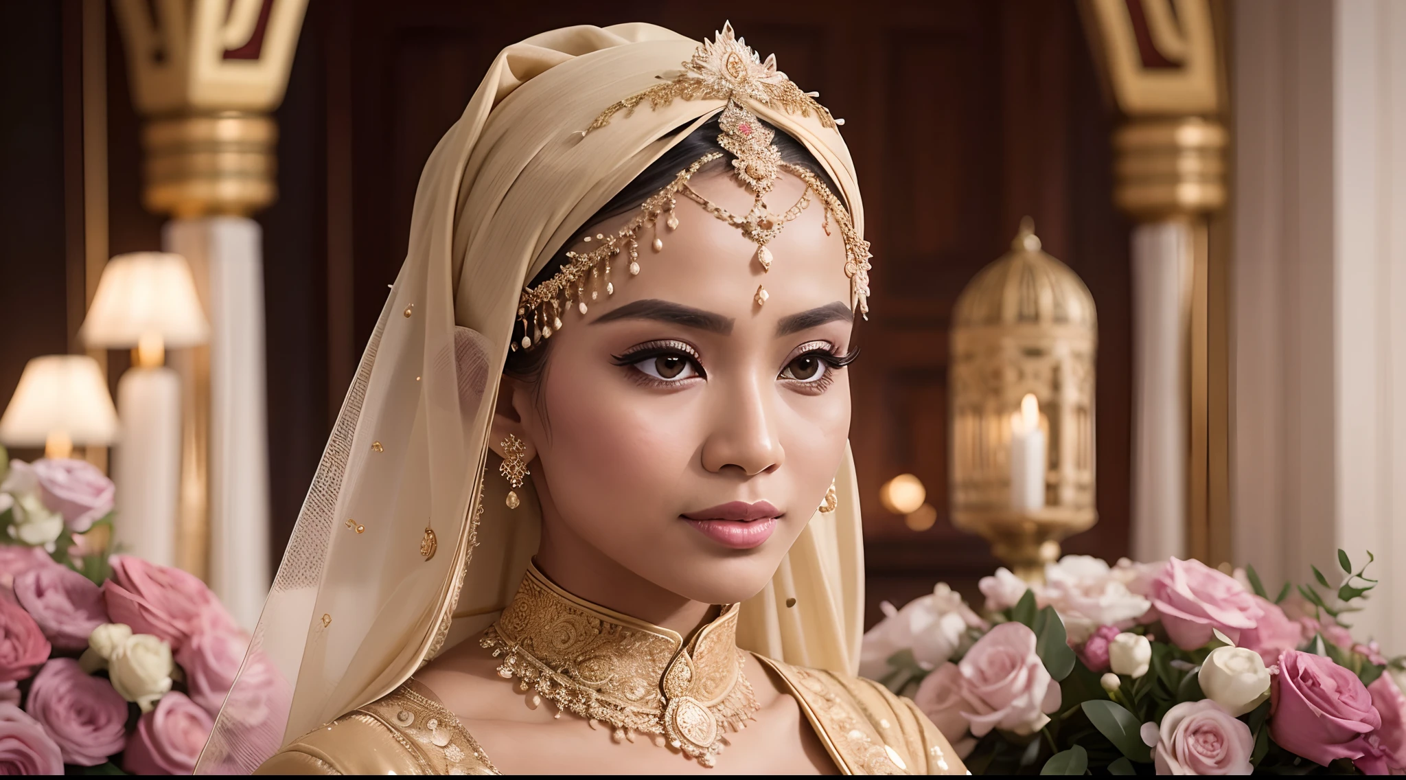 Capture the elegance of a Malay bride as she stands in a beautifully decorated Malay traditional wedding setting. The bride, adorned in a stunning and intricate baju kurung or kebaya, wears a hijab with delicate embellishments. Enhance the image with soft, warm lighting to emphasize the bridal attire's intricate details and create a sense of romance and cultural richness. Ensure the backdrop reflects the grandeur of a Malay wedding, complete with traditional elements and floral decorations. style raw, pastel color grading, Super 8mm lense, Extreme close-up, Deep Focus cinematography effect, high quality, ultra detail, 8k, using Panavision DXL2 camera.