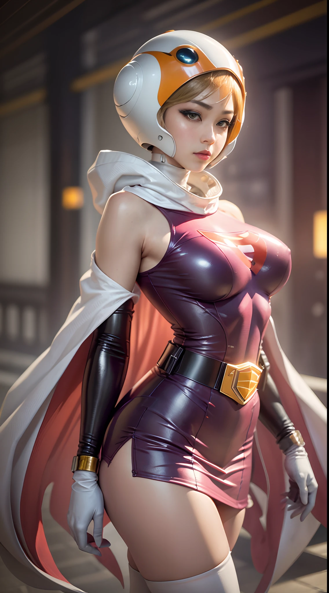 frontage、the pose、gazing at viewer、BREAK、 ANI_CLASSIC_jun_gatchaman_ownwaifu、www.ownwaifu.com、 Long、breastsout、verd s eyes、s lips、mideum breasts、a blond、lipsticks、makeup、 gloves、cloaks、helmets、a belt、elbow groves、white glove、masks、skirt by the、leotard、space suits、white legwear、pink  dress、superhero、body suit、 、、Official Art、Highly detailed CG Unity 8k wallpapers、Perfect Lighting、colourfull、Bright front lighting、shinny skin、(​masterpiece:1.0)、(top-quality:1.0)、超A high resolution、4K、ultra-detailliert、a picture、8K、HDR、hight resolution、(absurderes:1.2)、Kodak portra 400、film grains、blurry backround、(bokeh dof:1.2)、lensflare、(vivd colour:1.2)、professional photograpy、(美丽的面容:1.5)、