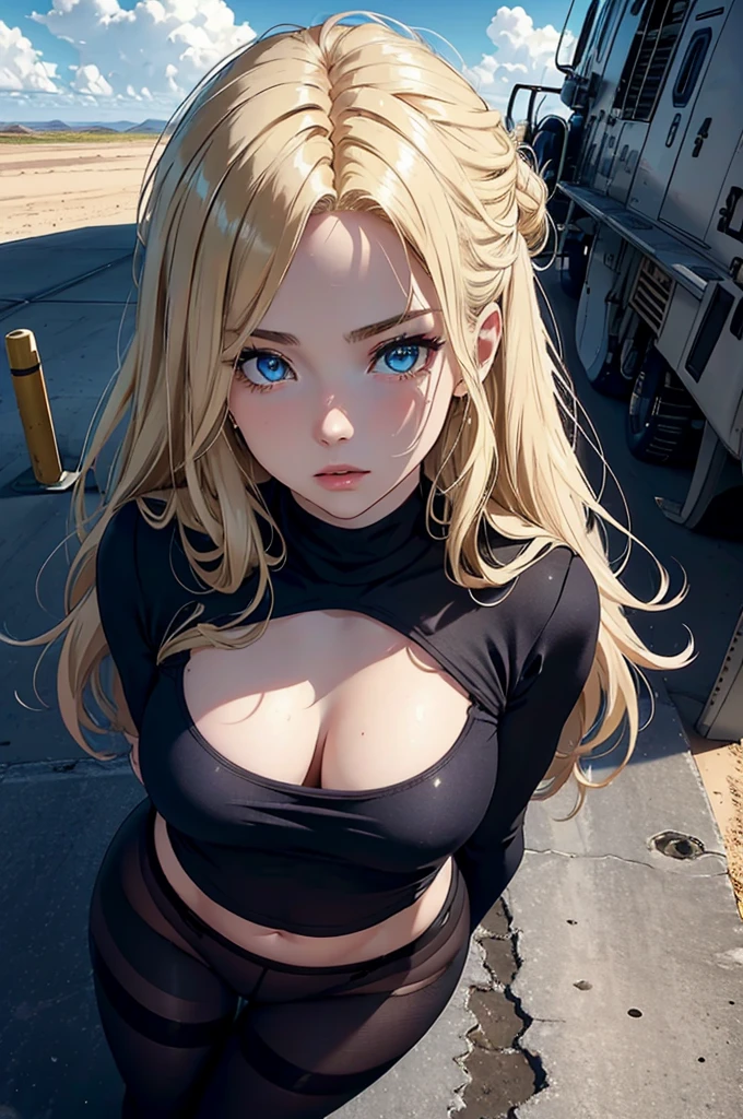 1female,25yo,plumw,(Background with:A desert,aerodrome,Planes),blonde hair,bobo head,Stand on the plane,,seen from the front, hair straight, mostly cloudy sky,((Very detailed CG unity 8K wallpaper),best qualtiy,cinmatic lighting,detailed back ground,beatiful detailed eyes,Bright pupils,Blue eyes,(Very fine and beautiful),(Beautiful and detailed eye description),ultra - detailed),facing at camera,A high resolution,ultra - detailed),,revealing,Flushed complexion,Desire for dissatisfaction,frontage,us airforce,(Wearing:Black pantyhose, crop top)Ancient Egyptian style