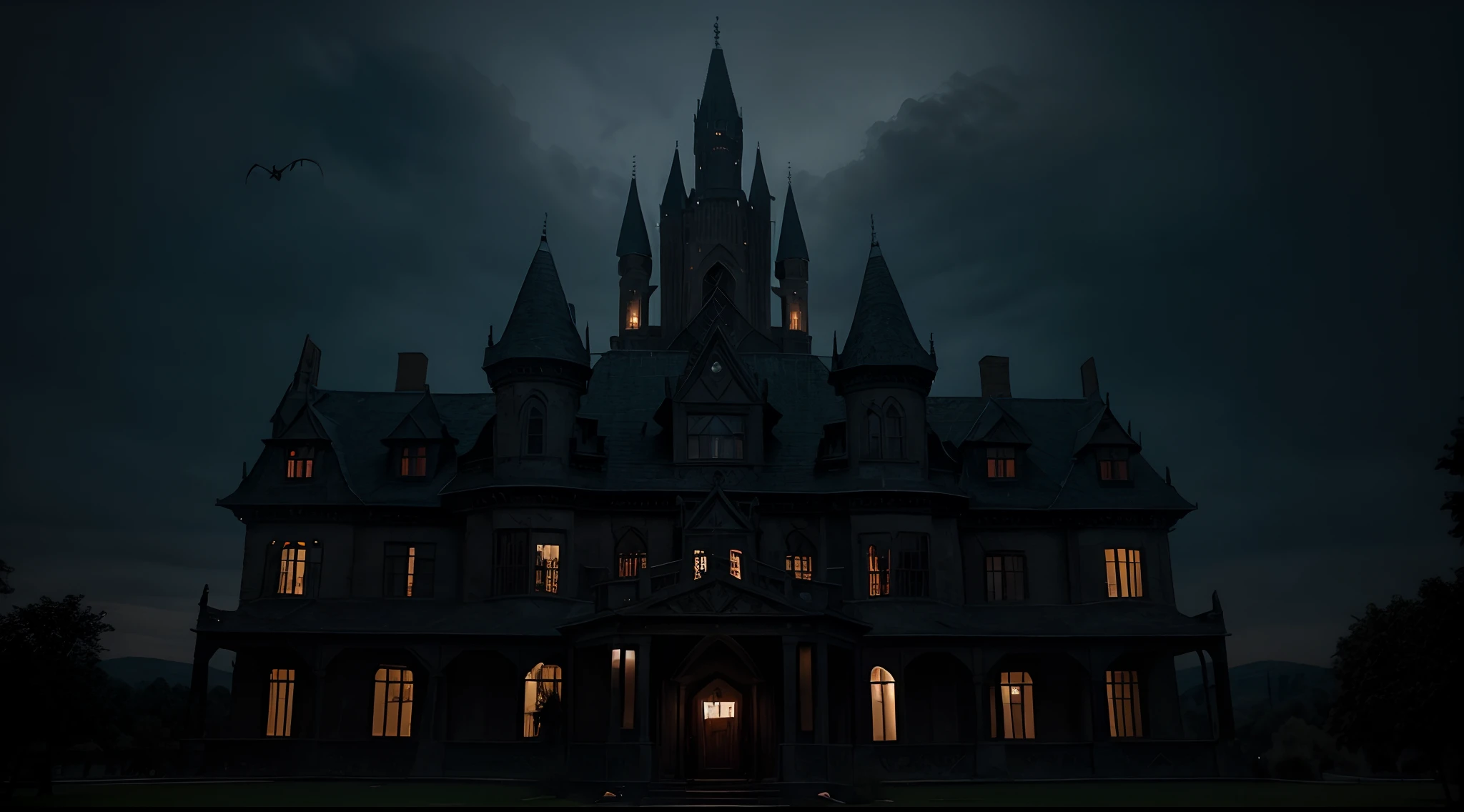 An image of a dark and mysterious castle with bats flying around it in an American Gothic style.