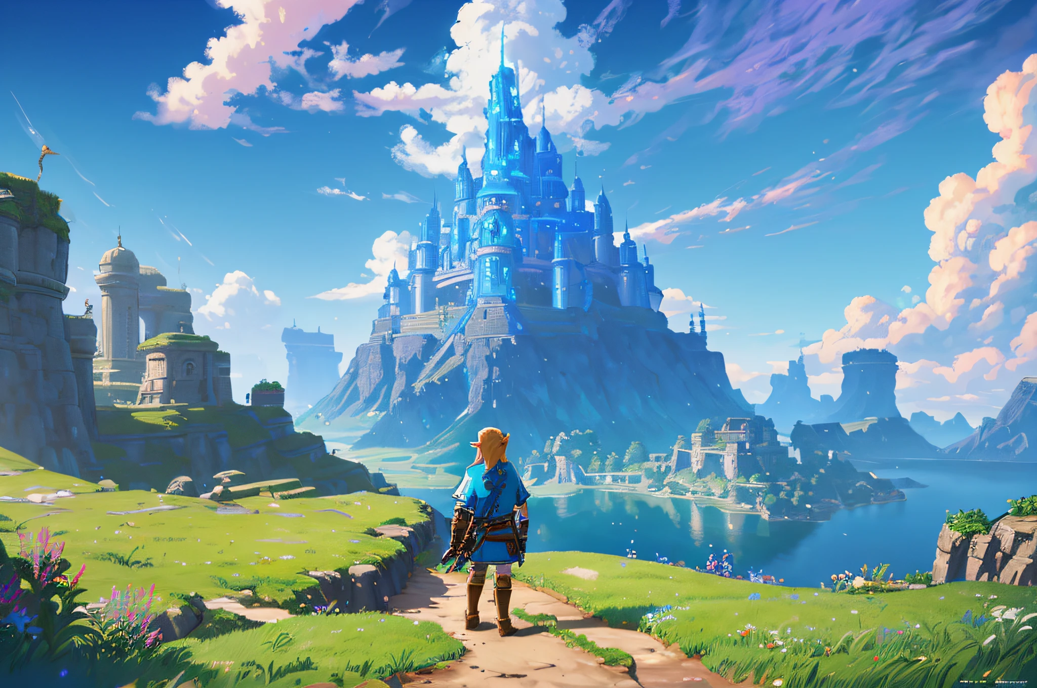 best quality, 4k, high resolution, masterpiece: 1.2, ultra detailed, realistic, photorealistic: 1.37,anime: painting style, we see Link, character from the Zelda game, standing on a cliff overlooking a city, in front of a fantasy city, 2.5d cgi anime fantasy illustrations, breath of the wild art style , highly detailed official art illustrations, botw, 4k highly detailed digital art, ross tran. scenic background, zelda botw, 8k high quality detailed art, hyrule, amazing wallpaper