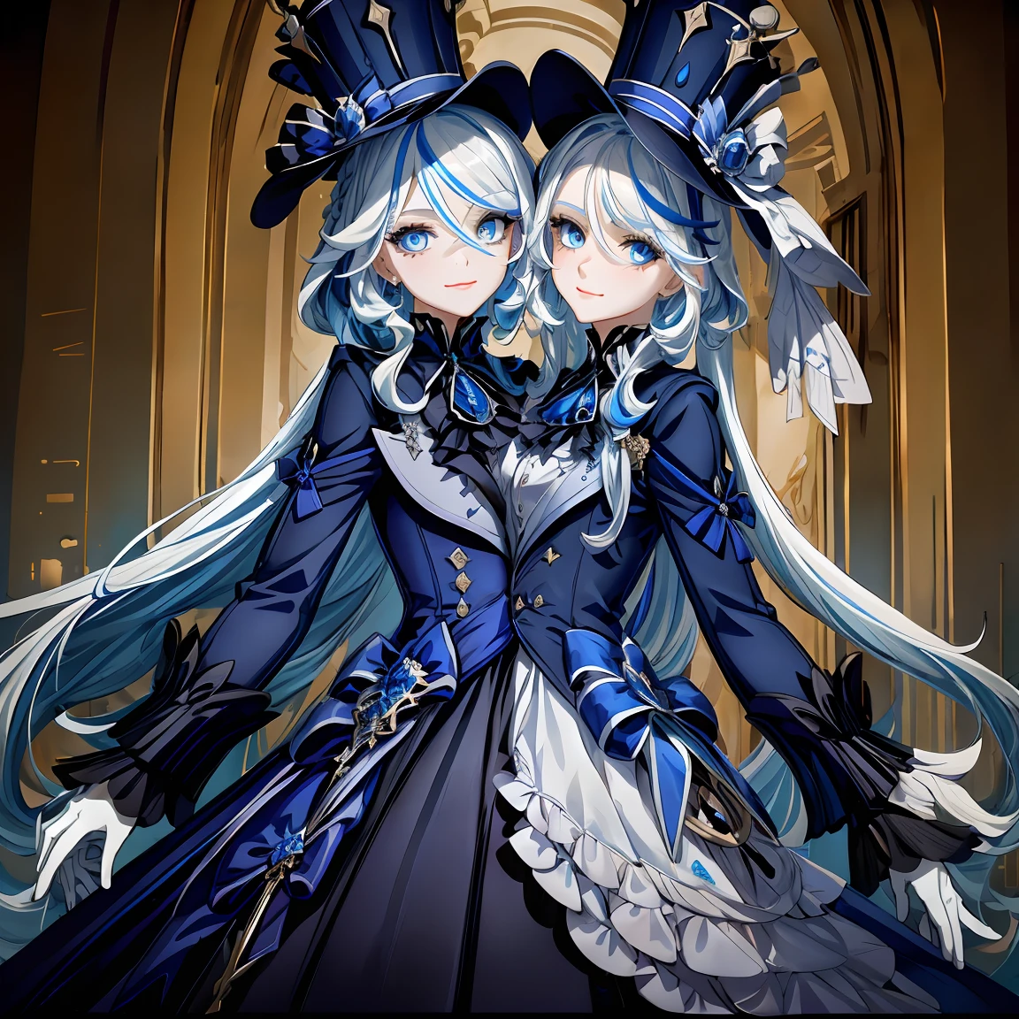 (masterpiece, best quality), best resolution, (2heads:1.5), 1girl, Cute, smile, cool,insanely detailed eyes, ultra-detailed, finely detail, long hair, looking at viewer, beautiful background, ultra-detailed, highres,beautiful detailed eyes, age, high quality, , indoor, bedroom, sitting ,cinematic view, depth of field, expressive eyes, wide angle, furina, white hair, streaked hair, blue hair, blue eyes, top hat,