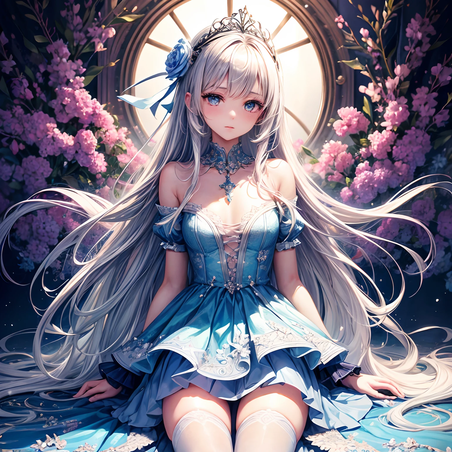 extremely delicate and beautiful girl, intricate detailes, Extremely delicate and beautiful, An ultra-fine illustrations, Whole body, Girls Front, focus on girl, sitting on a blue star, Petite, 1 girl, Young girls, Detailed long hair, hair with flower, Air bangs, Beautiful and detailed rune tails, Hair intake, White and silver hair, snowflakesdetailed cute anime face, ^ ^, complex details beautiful and delicate eyes, Perfect hands, tiny chest, zettai ryouiki, Beautiful accessories, Highly detailed gorgeous tiara, Beautifully gorgeous necklace, Beautiful detailed flowers, pleated dress, cross-laced footwear, sparkle,Surrounded by flowers, bubble,dreamcore, HD Background, Details Light 1 Girl, hyper quality, Wallpaper 8k CG, Gorgeous and rich graphics,
