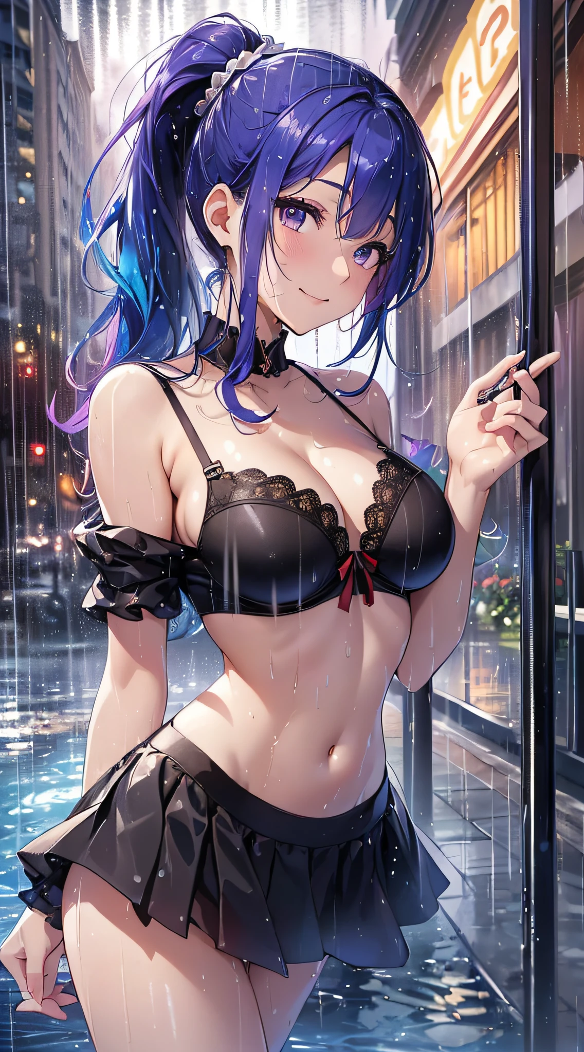 top-quality、Top image quality、masterpiece、girl with((18year old、Best Bust、big bast,Beautiful purple eyes、Breasts wide open, Blue hair ponytail、A slender、Large valleys、、Reflecting the whole body、Red face、Shining eyes、White Y-shirt、Black bra、a black skirt、Undressing Pose、A slight smil、Leaning forward、getting wet))hiquality、Beautiful Art、Background with((In front of the hotel at night、very heavy rain)))、,masutepiece、visualart、depth of fields、