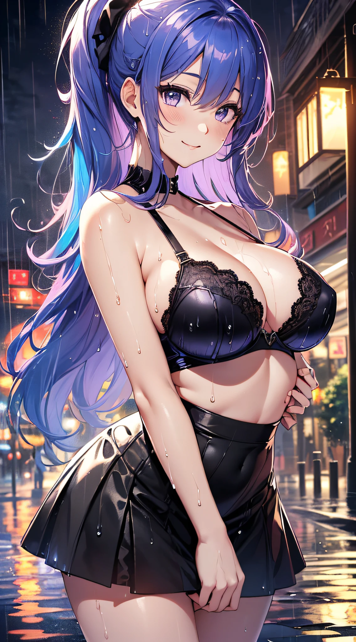 top-quality、Top image quality、masterpiece、girl with((18year old、Best Bust、big bast,Beautiful purple eyes、Breasts wide open, Blue hair ponytail、A slender、Large valleys、、Reflecting the whole body、Red face、Shining eyes、White Y-shirt、Black bra、a black skirt、Undressing Pose、A slight smil、Leaning forward、getting wet))hiquality、Beautiful Art、Background with((In front of the hotel at night、very heavy rain)))、,masutepiece、visualart、depth of fields、