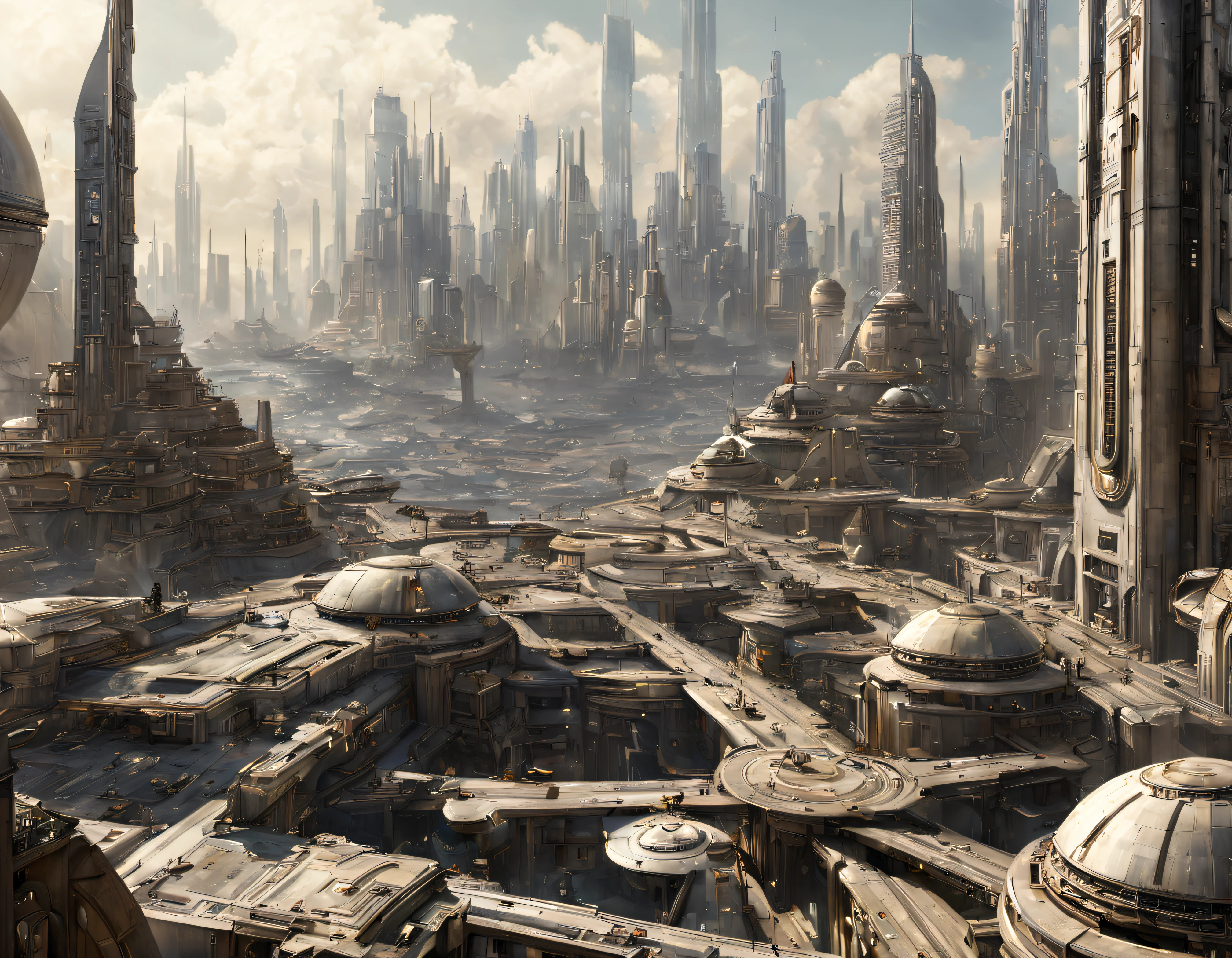 The city of Coruscant from Star Wars as designed by Doug Chiang, futuristic fantasy city with immense buildings of technological design (que forman una avenida infinita), edificios compactor no difuminados, con estructuras acristaladas en plata, oro y bronce espectaculares, (con colores vivos). pavimento ensolado (sin brillo). gente paseando. imagen bien definida con muchos edificios juntos. imagen nitida bien definida 8k. los edificios llegan alta el fondo.,8k. imagen cinematografica. iluminacion hora dorada. calidad superior. (obra maestra).