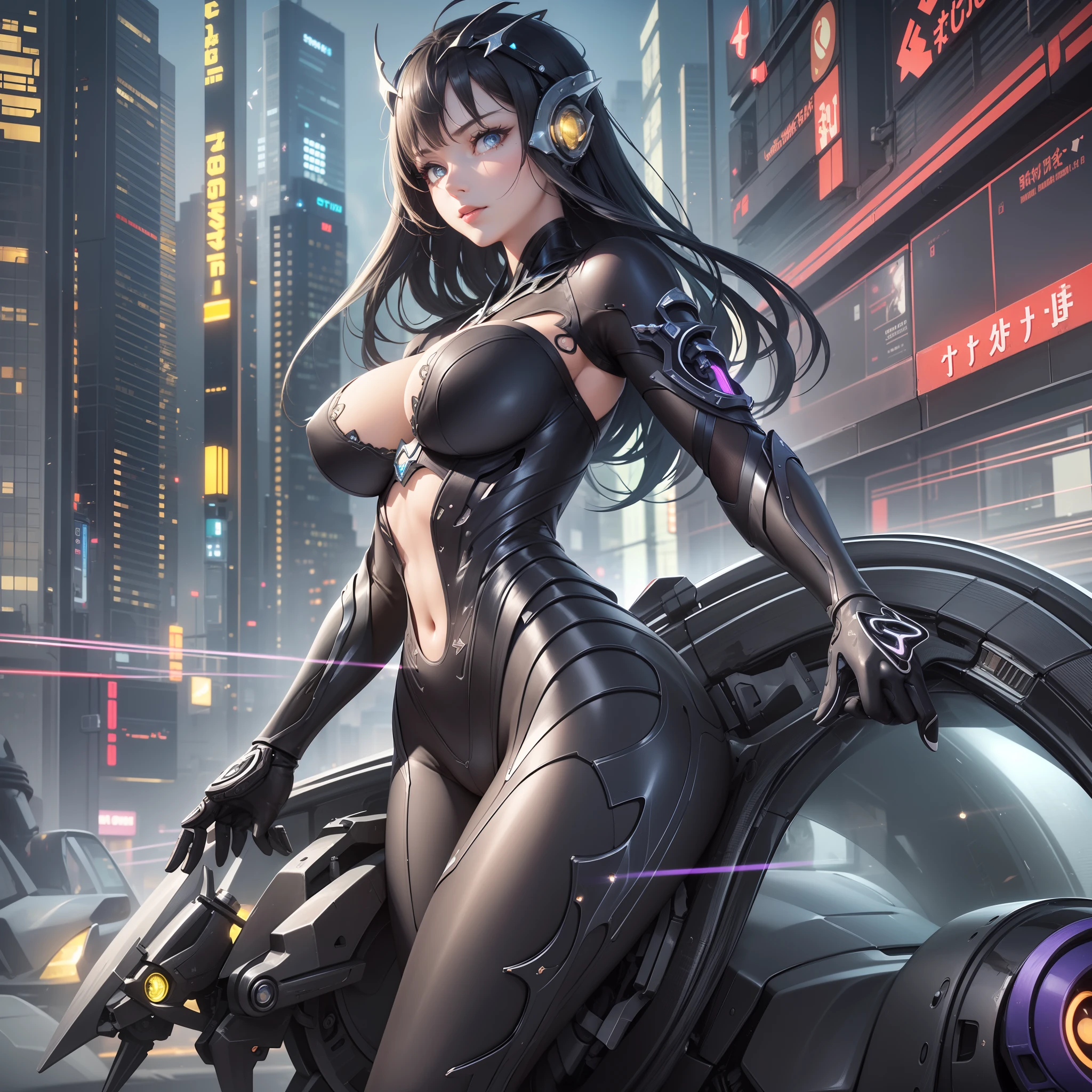 (Best Quality),(Ultra Precision),(Ultra High Definition),(Detailed Description),(16k,Ultra High Definition),Masterpiece,Sharpness:1.6,Anime,Wallpaper, Wind Operation:1.2,1 Person,((Detailed Machine Body:1.5)),Height:1.2,Egg Face:1.6,Skin Details,Big:1.5,Slim Abdomen,Beautiful Body Line,(Dense and Detailed Beautiful Face:1.7)),Clavicle,Hipbone,Ribs:1.3,(Steep Angle Costume with Detailed Description:1.9),High-leg Pants,Fashion Model Like:1.6,(Mechanical Eyes Emitting Light with Detailed Description:1.4),Cyberpunk:1.6,Neon:1.5,Cyber City:1.5,Neon Street, Floating Car