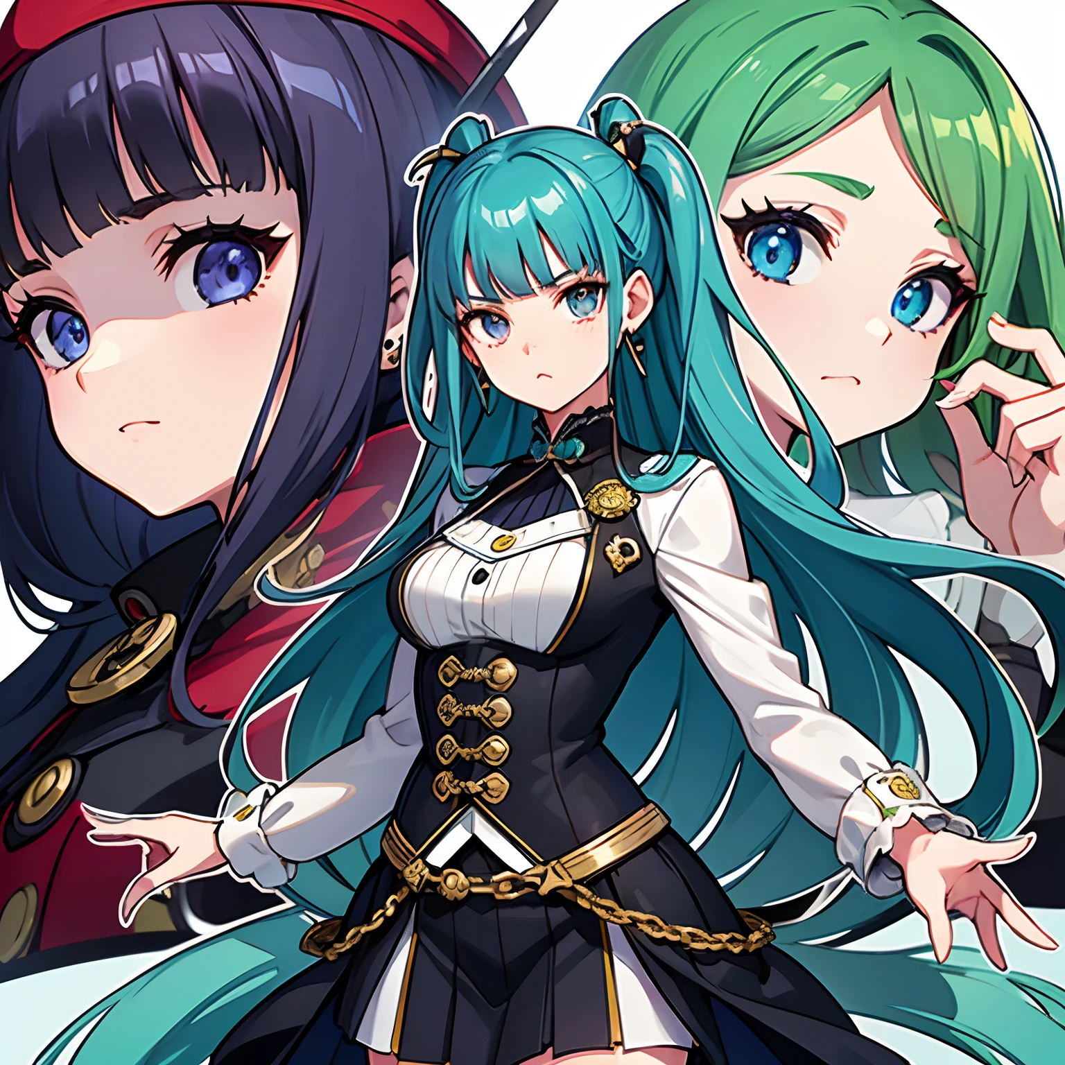 girl、Jade-colored long hair、The eyes are blue、milky skin、Retro musketeer style uniforms、Earrings with bayonet motifs、Persona 5