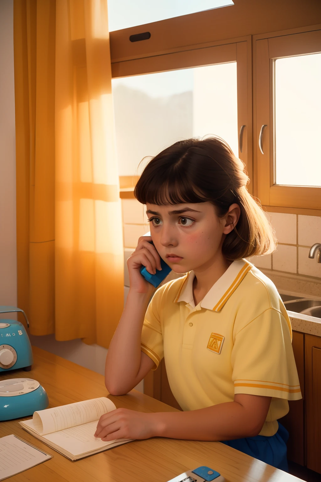 Year: 1988. Location: Northern Spain. Pre-raphelite -yeld gi answering the phone, landline, kitchen, ((worried look)), ((("OMITB" cinematography))) ((Wes Anderson style))