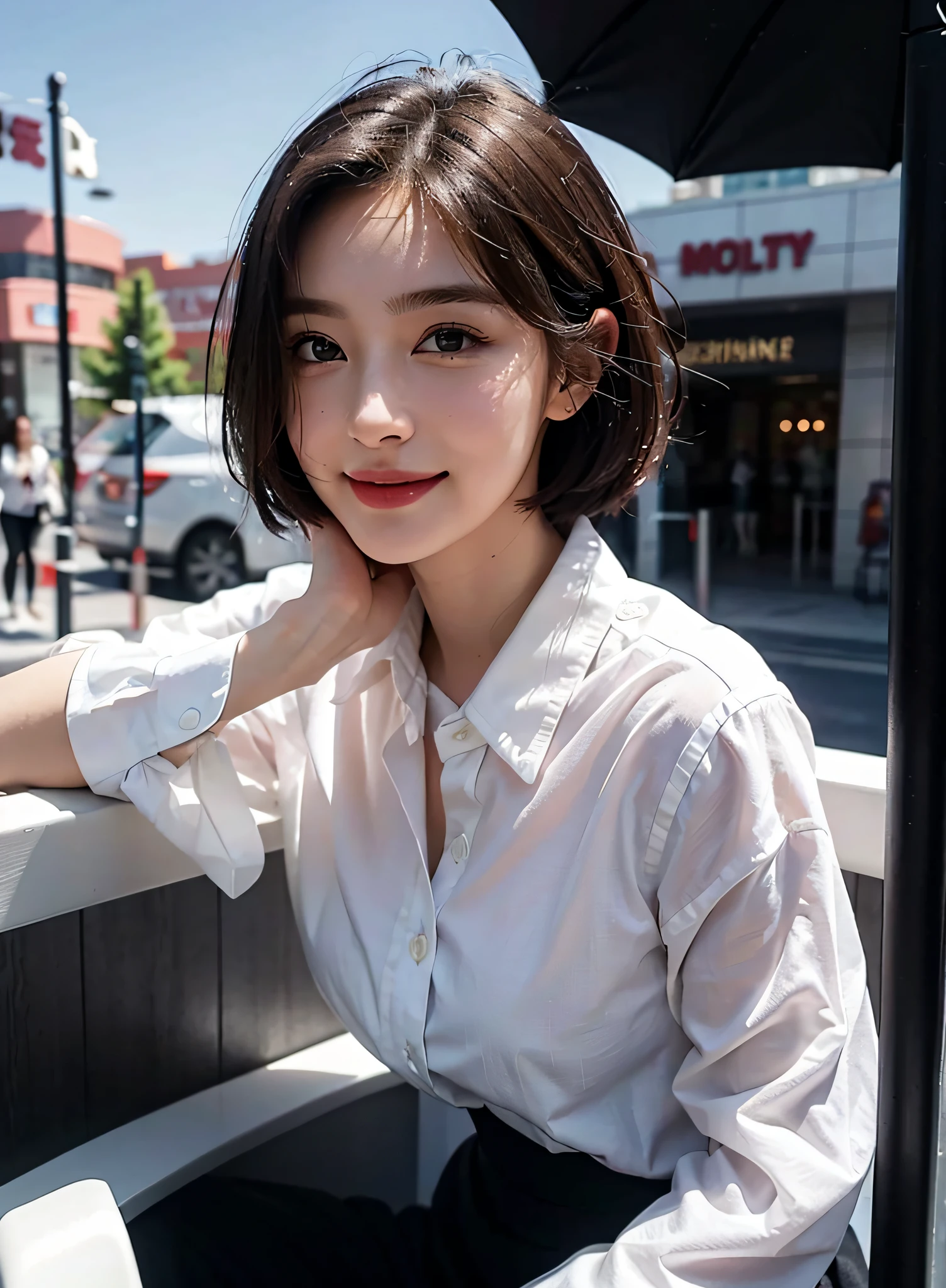 (8K, Best quality, Masterpiece: 1.2), (Realistic, photo-realistic: 1.37), super ultra detail, 1 beauty, Visit the Wanda Mall, Cute, Solo, Beautiful detailed sky, Detailed Cafe, In the daytime, Sitting, dated, (nose blush), (Smile: 1.15), (Closed mouth), The breasts are small but beautiful, Detailed eyes, (Collared shirt: 1.1),In the daytime, moisty, Business attire, rain, White lace, (Short hair: 1.2), Floating hair NovaFrogStyle。