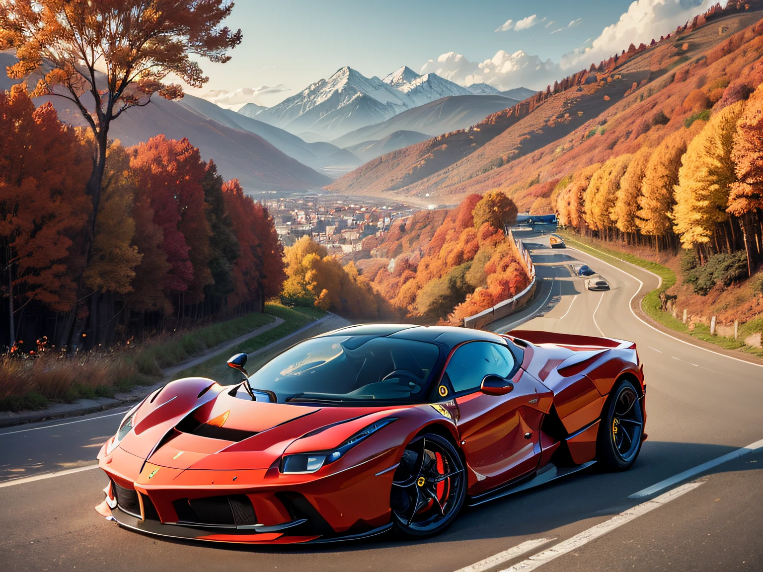 超A high resolution、An ultra-high picture quality、8K、Detailed details、marvelous expression、Late autumn valley、Beautiful autumn leaves、A red car driving gracefully on a mountain pass built along the mountain、((Ferrari LaFerrari))