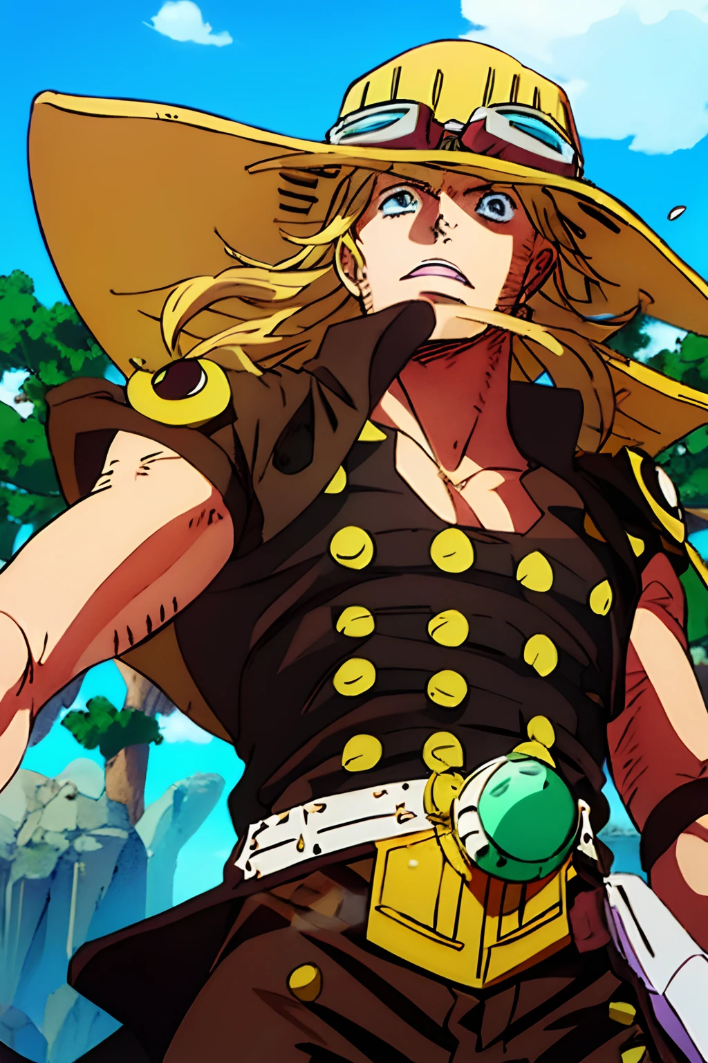 [WanoStyle:1.3] Gyro Zeppeli from Jojo in One Piece style, solo, blonde, half body, gyro zeppeli, brown hat, goggles, belt, long hair,body, thin waist, male focus, 1boy, masterpiece, best quality, ultra-detailed detailed, detailed digital artwork, hi res, male focus, beard, well-detailed eyes, well-defined eyes, expressive face