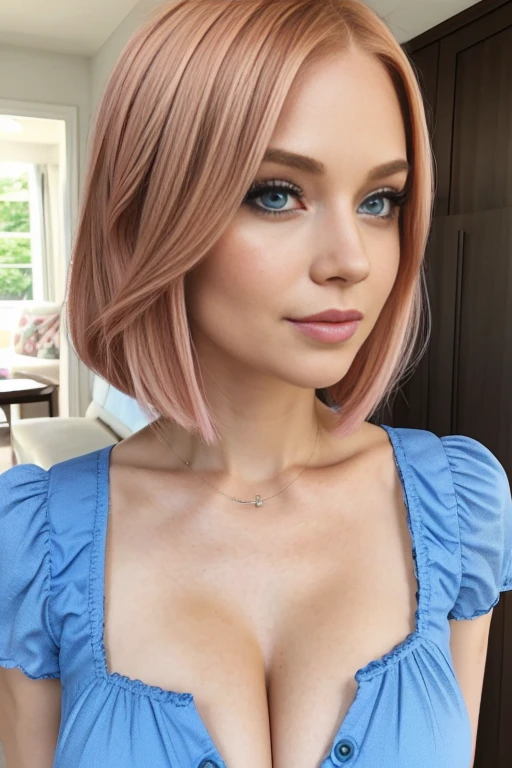 Petite 30 year old woman with light strawberryblonde hair in a straight undercut bob and striking blue eyes wearing eye liner, pink lips, in a leather corset, detailed face, cleavage, nose piercing