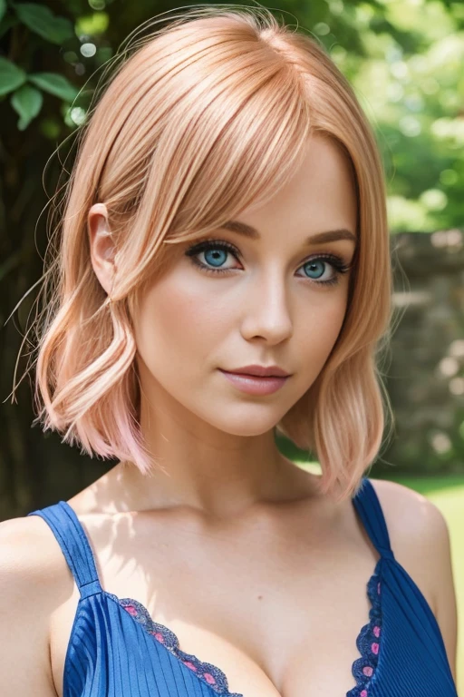 Petite 30 year old woman with light strawberryblonde hair in a straight undercut bob and striking blue eyes wearing eye liner, pink lips, in a blue summer dress, detailed face, cleavage