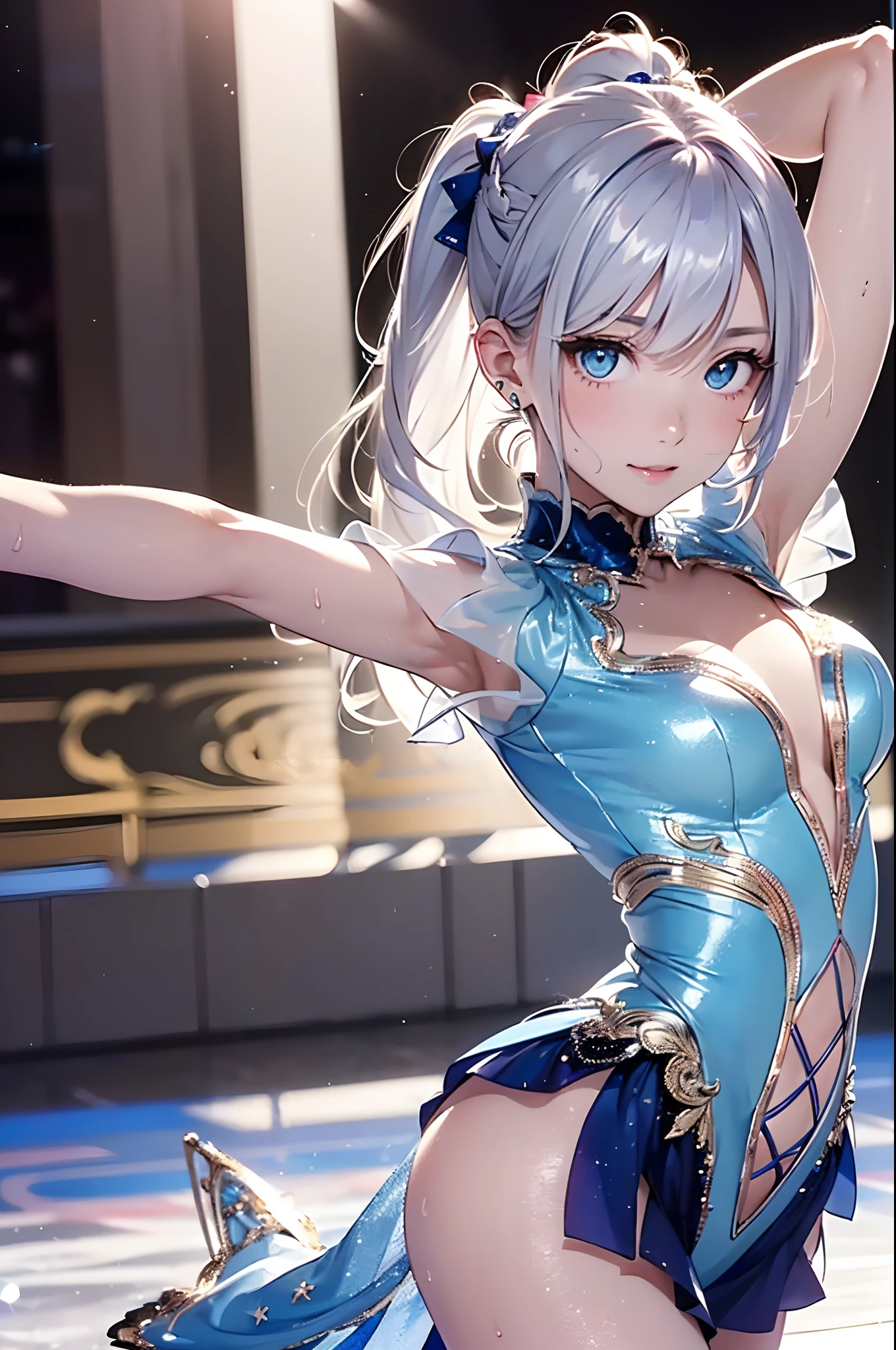 (Official art、Best Quality、Unity 8k Wallpapers、32K、masterpiece、ultra-detailliert、超A high resolution、realisitic、Photorealsitic:1.2)、(Cinematic lighting:1.2)、(Full body)、Realistic pupils、Sharp pupils、Blue and white figure skating costume、While skating、frilld、foco nítido、(Self-filling appearance:1.2)、I opened my mouth a little、A slight smil、There were a lot of people in the audience、It has an enthusiastic audience、(braided ponytails、Silvery beautiful hair、Ice blue eyes)、(Play Figure Skating、Stretch your arms and glide:1.2)、thighs thighs thighs thighs、(Sweating:1.2)、