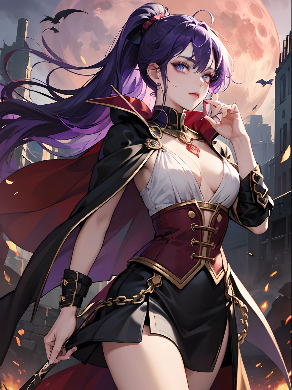 sexy vampire woman, perfect body shape, small breast, battle skirt, (royal cape:1.1), main color is matte black, secondary color is purple, sexy and devil aura, original character, masterpieces, seducing purple pupil, (multi color high pony tail 1:1.2), walking under blood moon and middle of the destroyed city street, purple gem accessories, golden belt, golden necklace, windy and evil effect, soft moon light focus, corruption tattoo,extremely delicate and beautiful eyes, (detailed super oily shiny skin:1.1), messy fang,