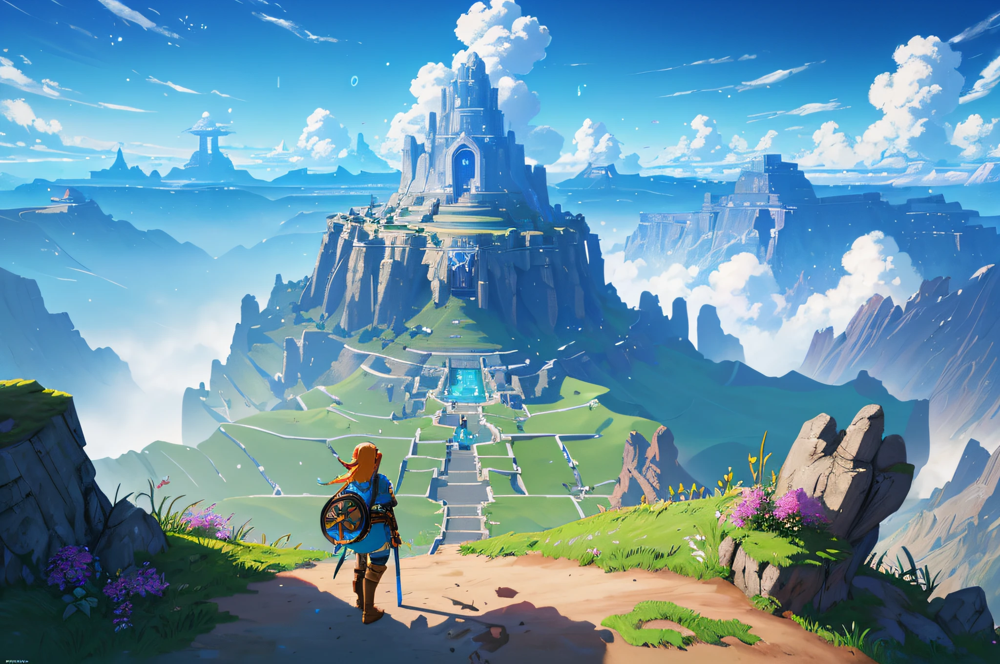 A man standing on a hill overlooking a castle in the sky - SeaArt AI