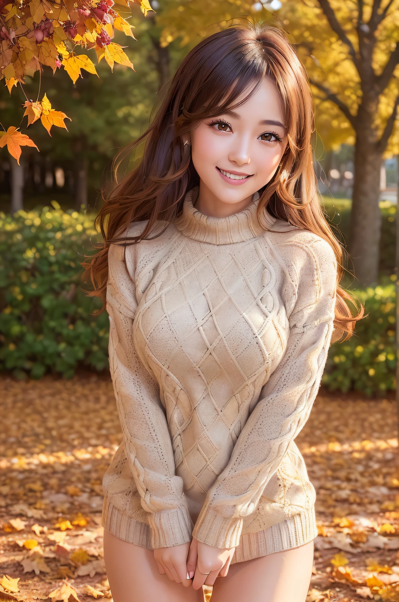 (Highly detailed CG Unity 8k wallpaper, top quality, ultra-detailed, high resolution, masterpiece, realistic, photorealistic:1.5), (cute Japanese girl), extremely detailed face, face focus, beautiful detailed eyes, eye focus, (detailed background), detailed clothes, super detailed skin, (oversized (argyle-patterned) knit sweater:1.46), (beautiful leg lines in a miniskirt:1.4), break, (beautiful autumn foliage:1.3), (golden season shining:1.2), (arrival of autumn:1.3), (magic hour ambiance:1.4), (autumn fantasy:1.3), (twilight setting:1.3), (soft, warm lighting:1.3), midi wavy hair, brown hair, floating hair, medium breast, medium ass, (make up), (adorable smile:1.3), (POV:1.6),