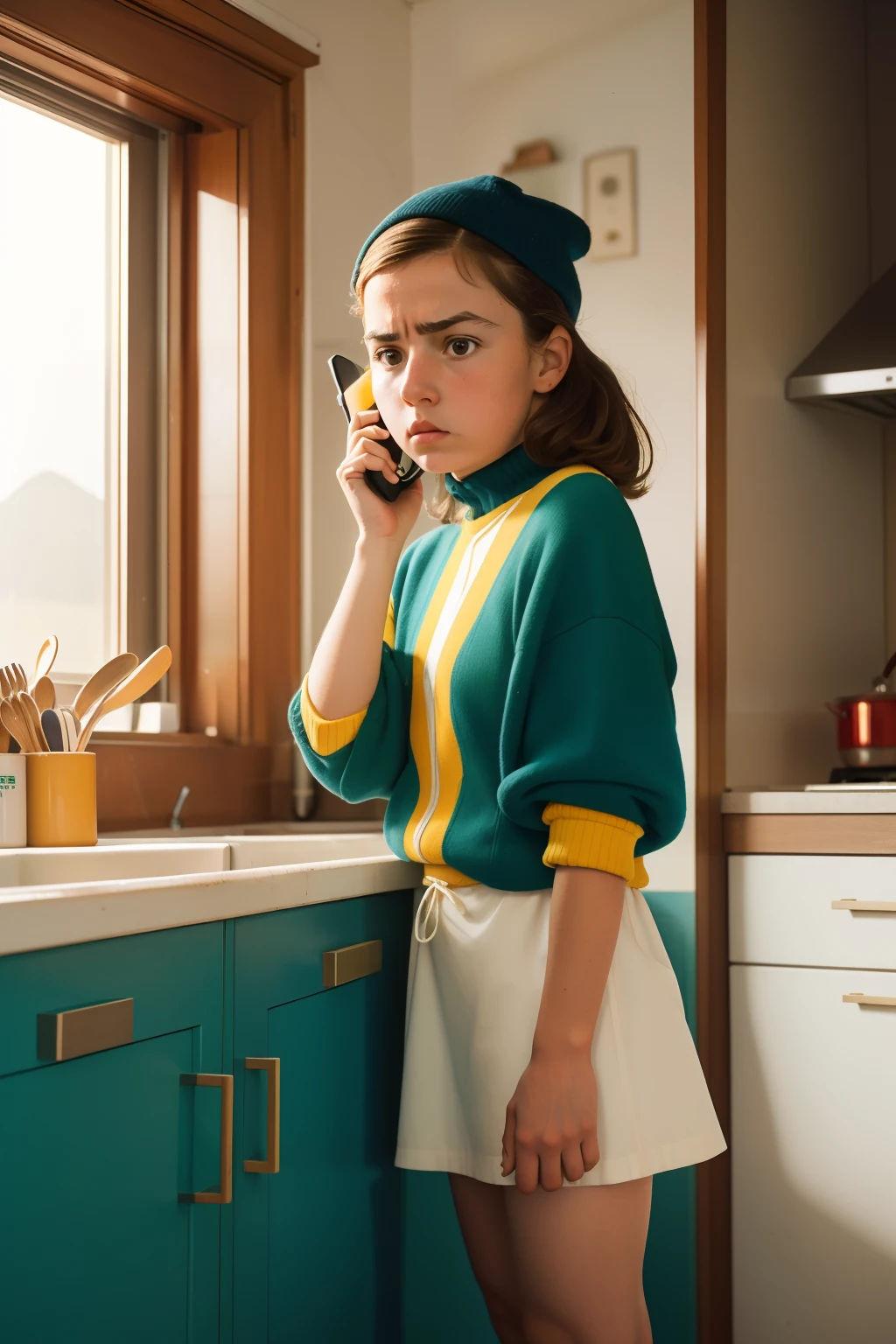 Year: 1988. Location: Northern Spain. Pre-raphelite -yeld gi answering the phone, landline, kitchen, ((worried look)), ((("OMITB" cinematography))) ((Wes Anderson style))