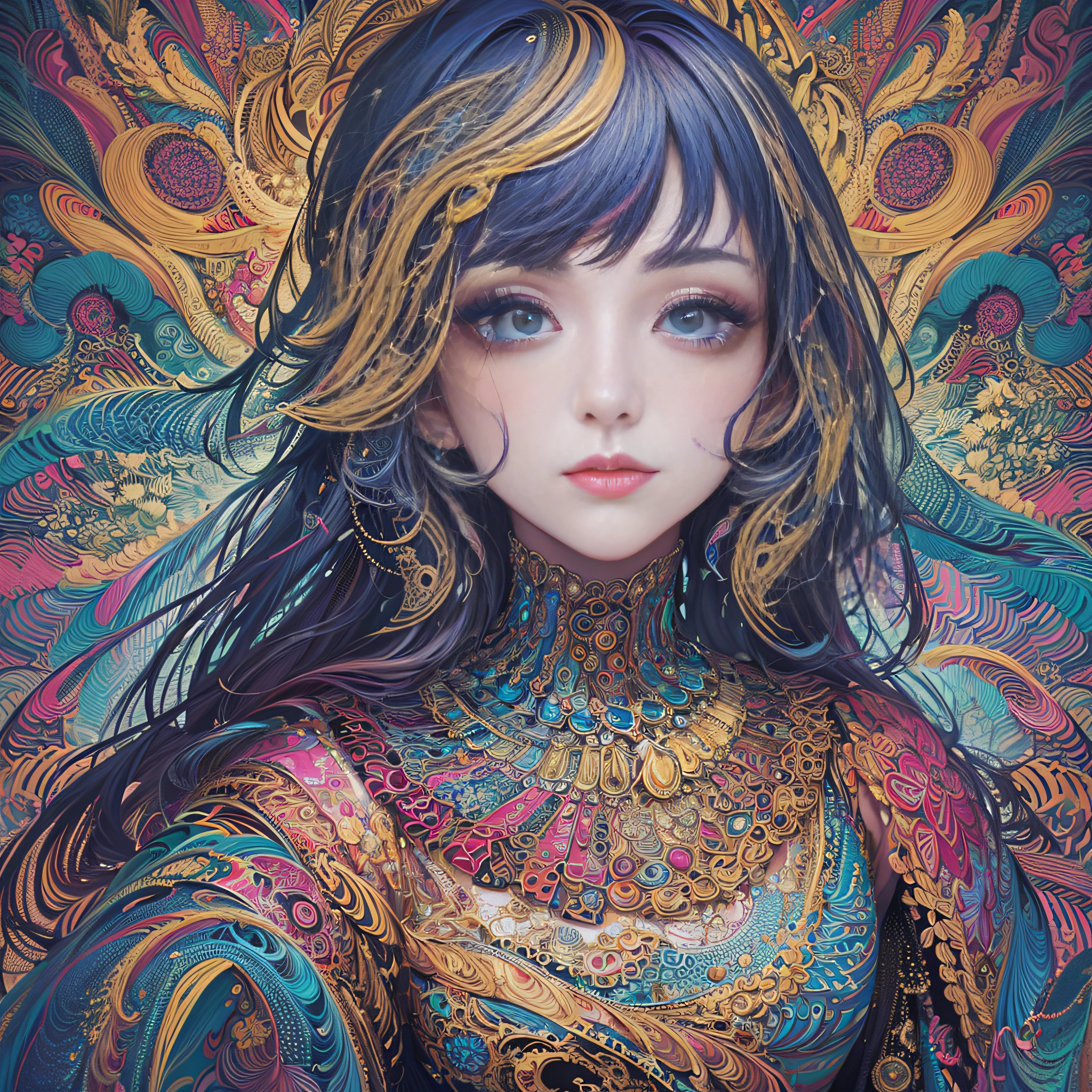 (masterpiece, top quality, best quality, official art, beautiful and aesthetic:1.2), (1girl:1.3), extremely detailed,(fractal art:1.2),colorful,highest detailed,(zentangle:1.2), (dynamic pose), (abstract background:1.5), (treditional dress:1.2), (shiny skin), (many colors:1.4), upper body